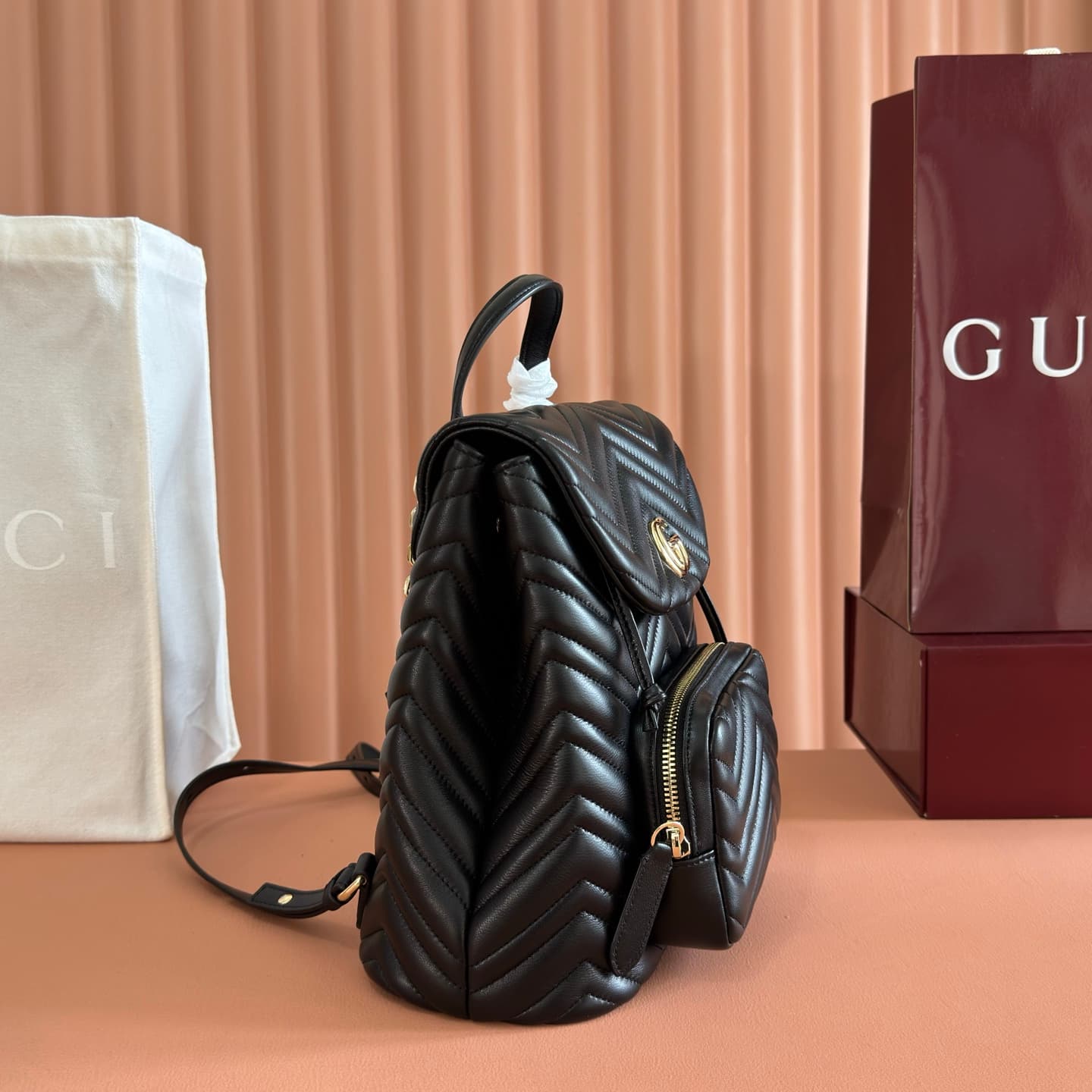 Gucci GG Marmont Small Backpack Black Matelassé Chevron Nappa Leather 861878  High