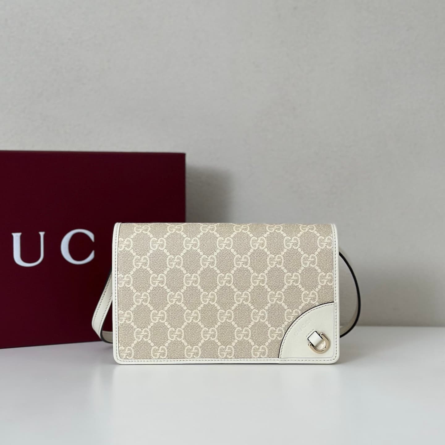 Gucci GG Emblem wallet beige and white fabric with leather strap 820688 High