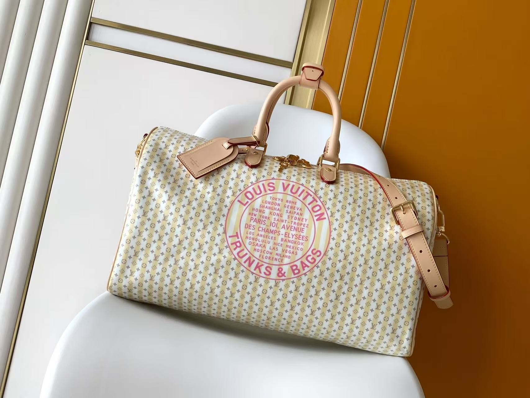Louis Vuitton Keepall Bandoulière 45 Banana Yellow LV Stamp linen-and-cotton coated canvas M28678 High