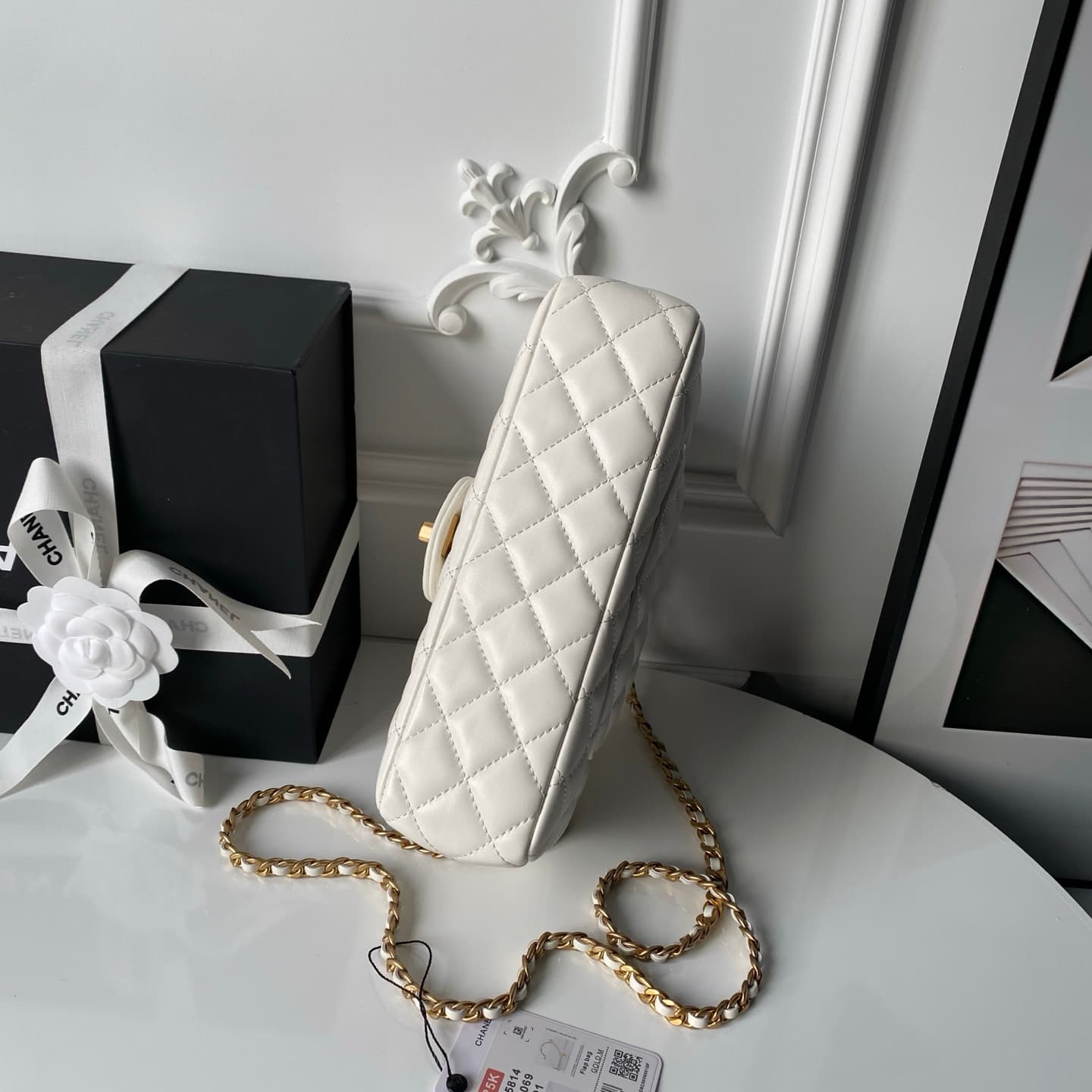 Chanel Small Flap Bag with Top Handle Lambskin& Gold-tone Metal White AS5814 A