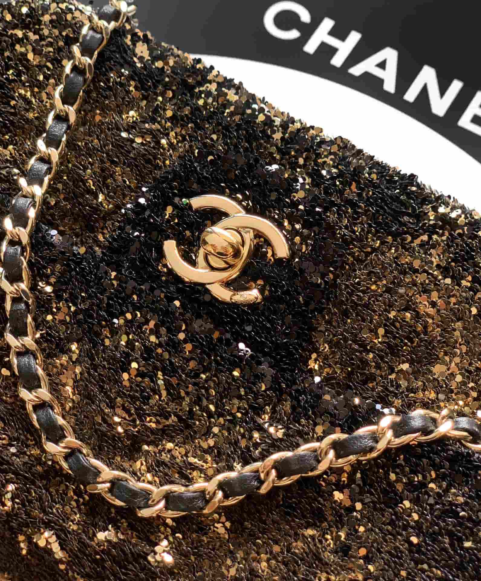 Chanel Classic Mini Flap Bag Sequin Embroidery & Gold-Tone Metal Dark Gold 6171 A