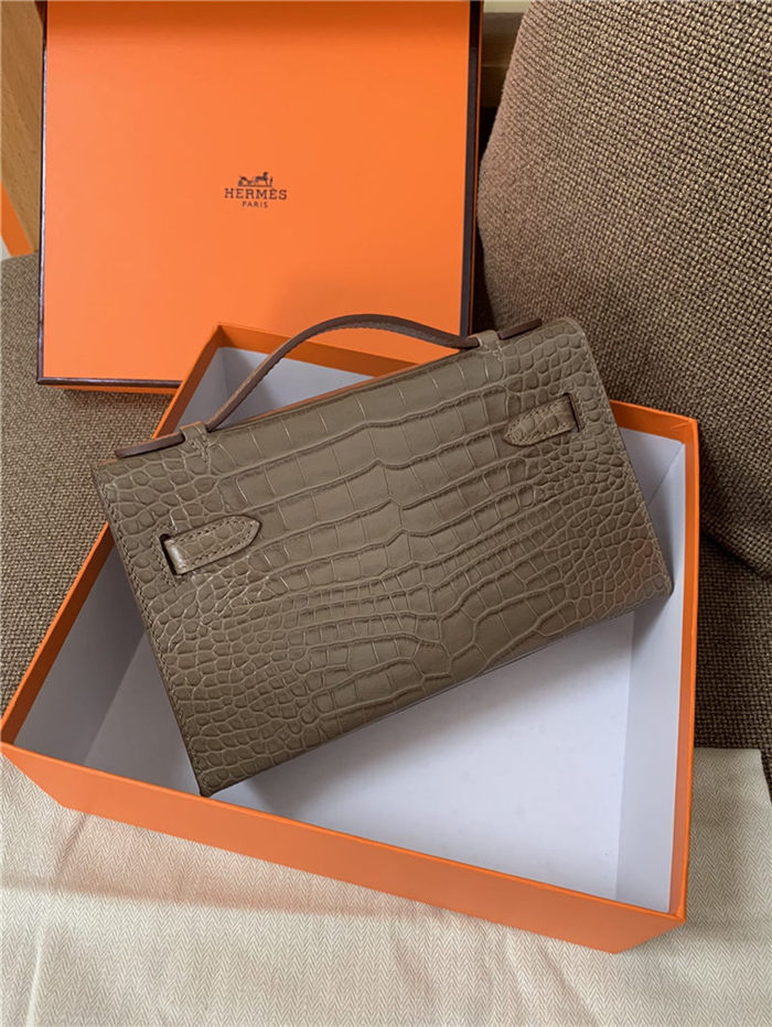 Hermes Kelly Pochette Bag Crocodile Silver/Gold Metal WAX High Customizing Style