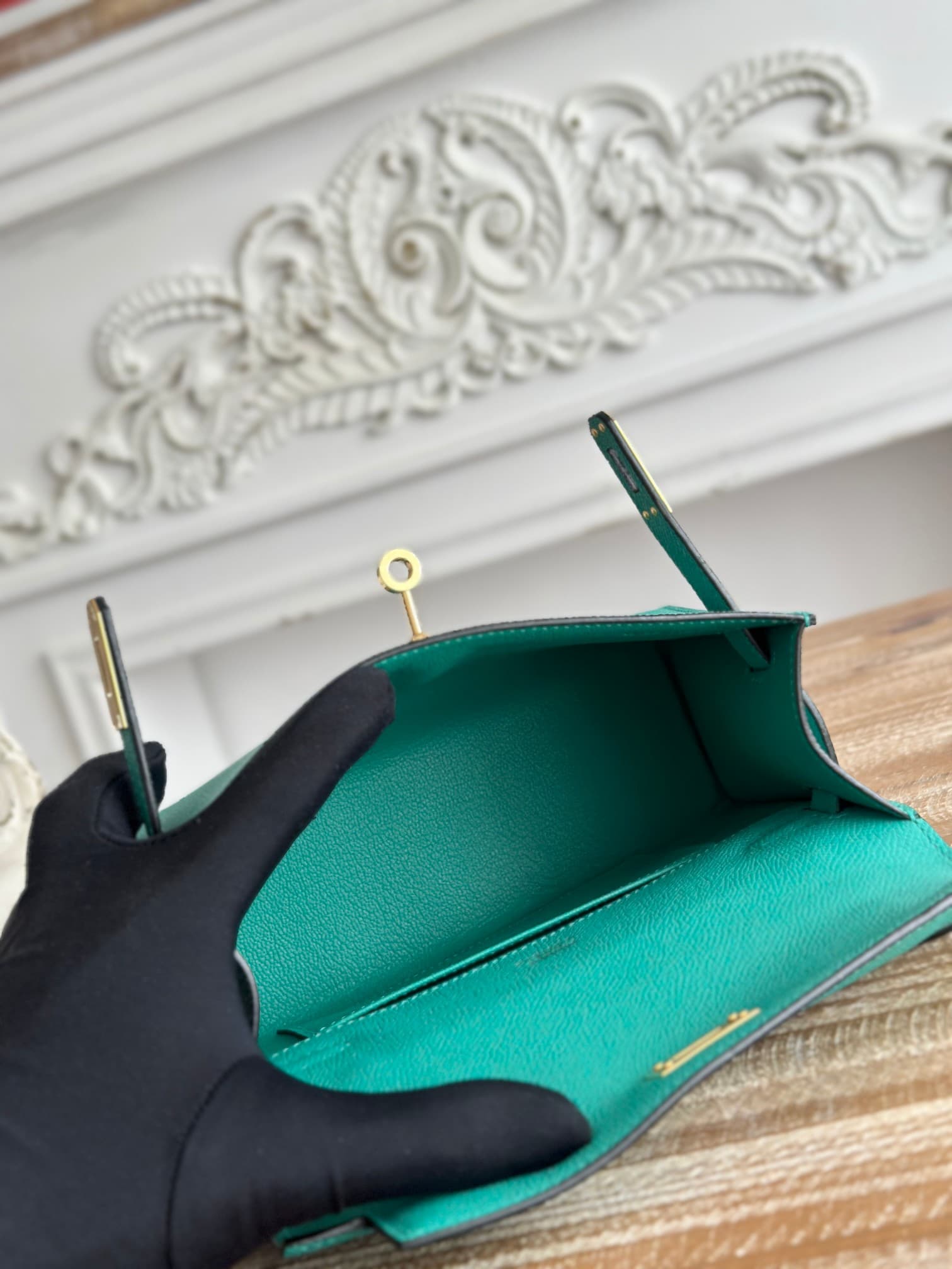 Hermes Kelly Pochette Bag Epsom Leather Silver/Gold Metal Malachite WAX High
