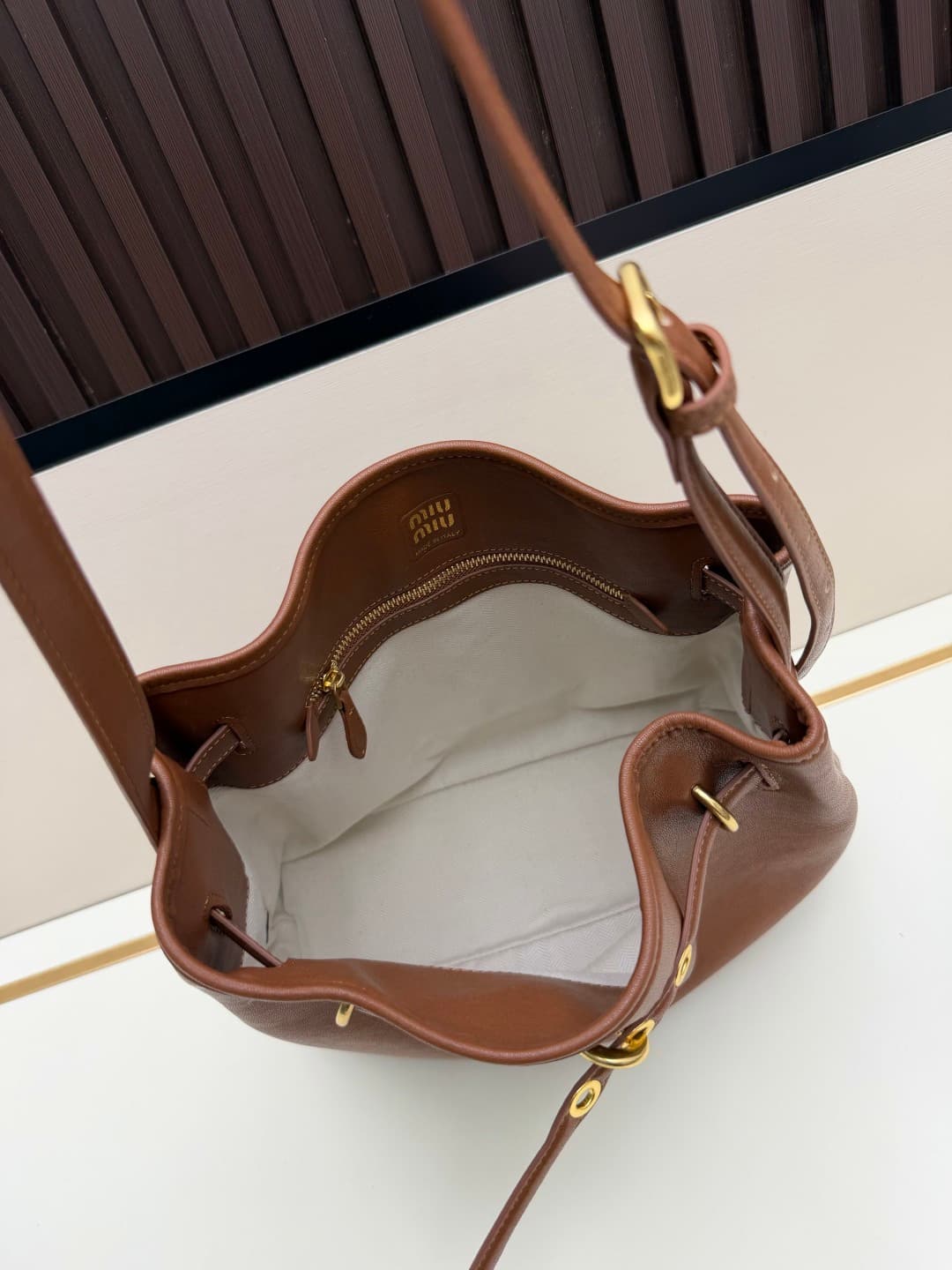 Miu Miu Aventure Calfskin Leather Bucket Bag Brown High
