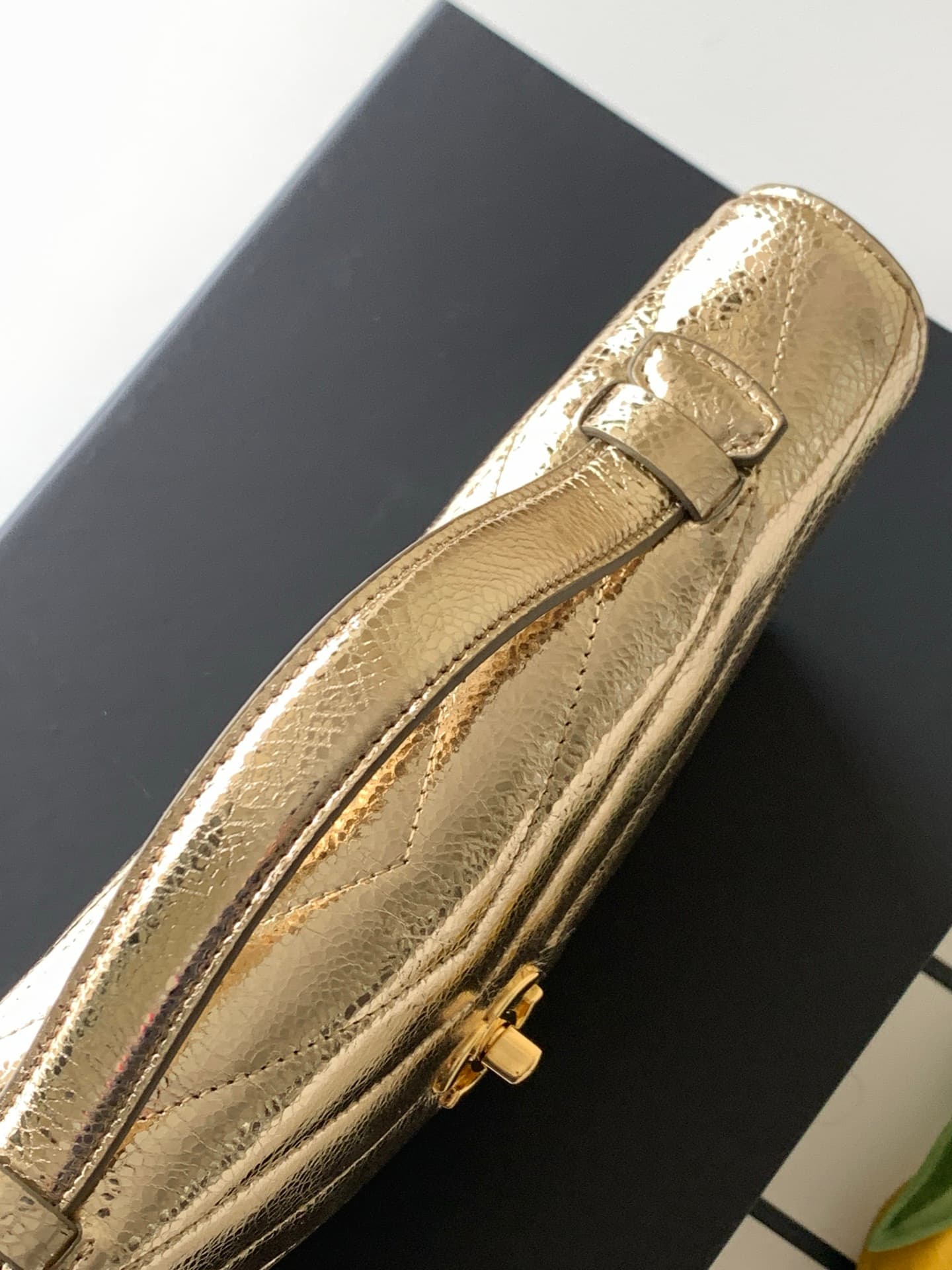 Chanel Flap Bag with Top Handle Metallic Chevron Calfskin Leather Finish& Gold-Tone Metal Champagne Gold AS6044 A