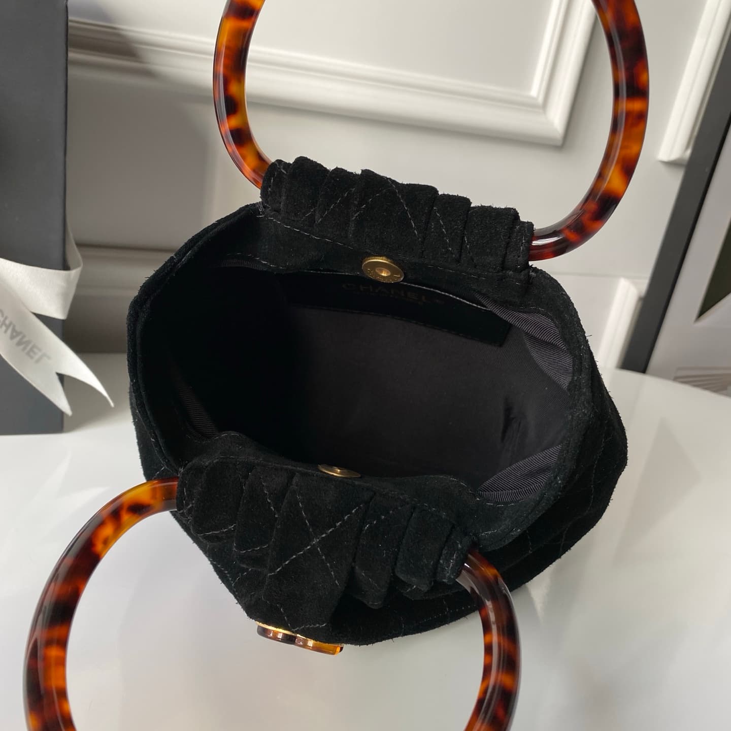 Chanel Small Hobo Bag Suede Calfskin Turtoise-Shell Effect Plexi & Gold-Tone Metal Black AS6022 High