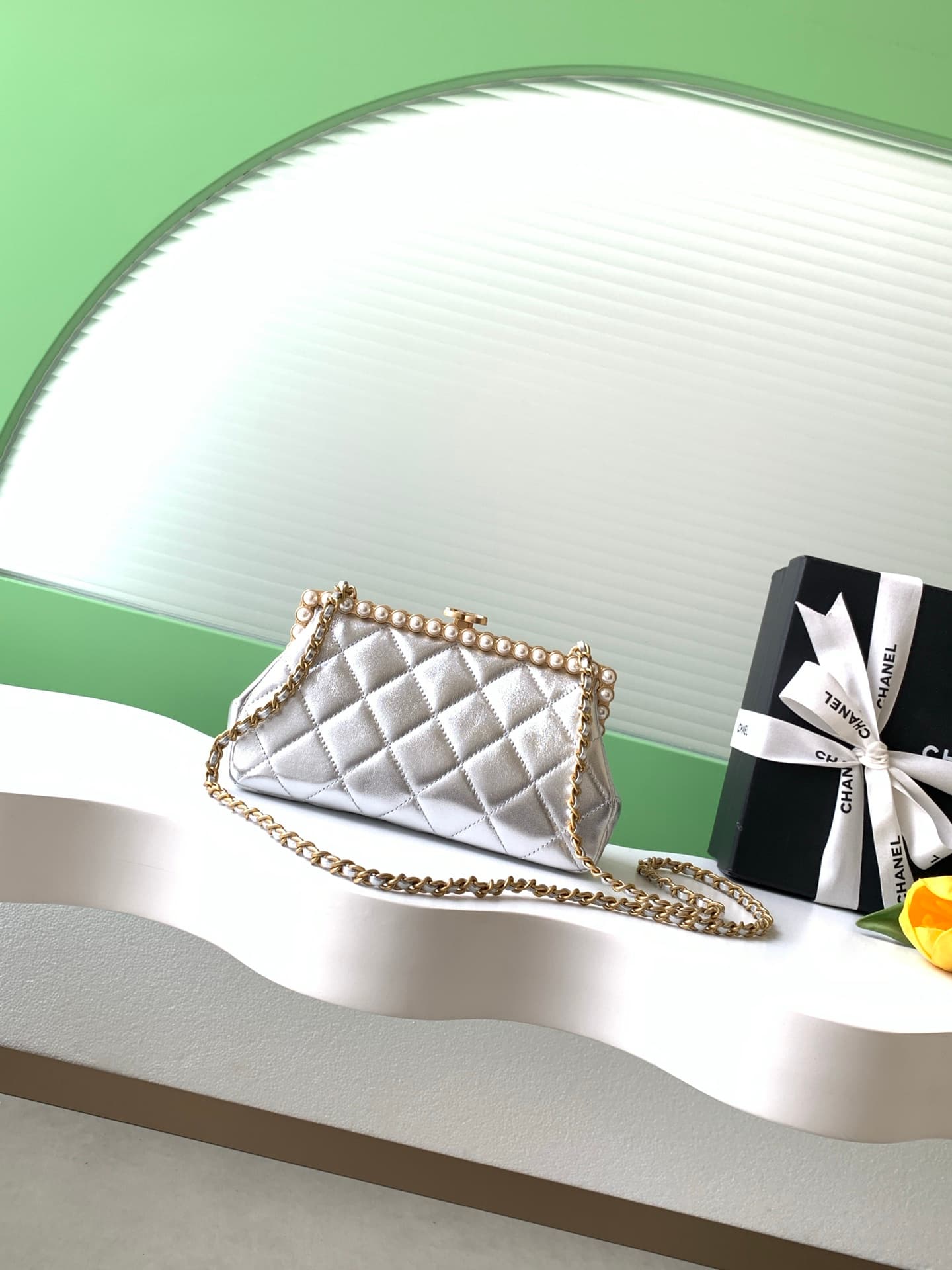 Chanel Pearly Lambskin Imitation Pearls & Gold-Tone Metal Silver AS5912 A