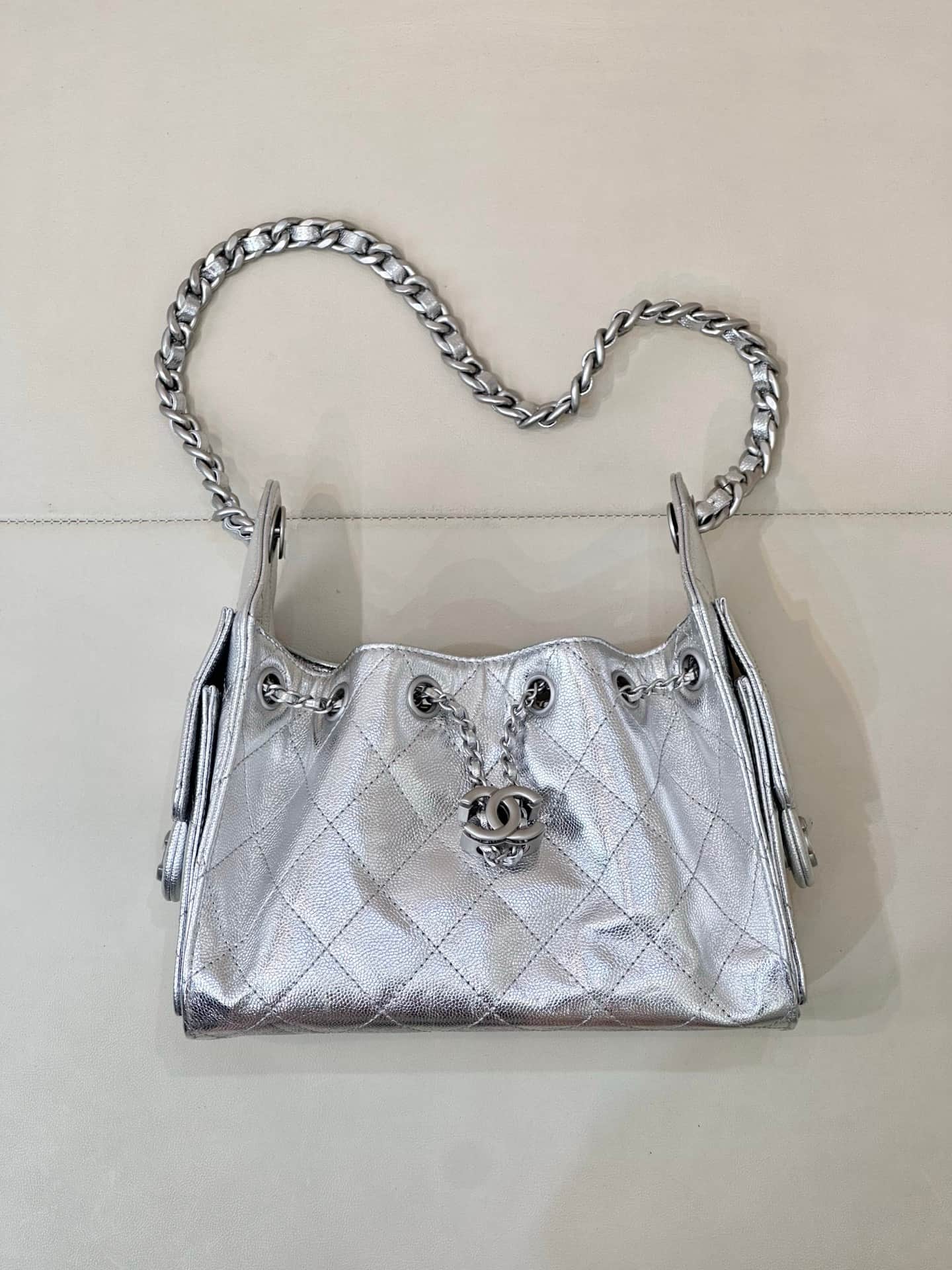 CHANEL 25 Mini Handbag AS5631 Grained Calfskin & Silver-tone Metal Silver TOP