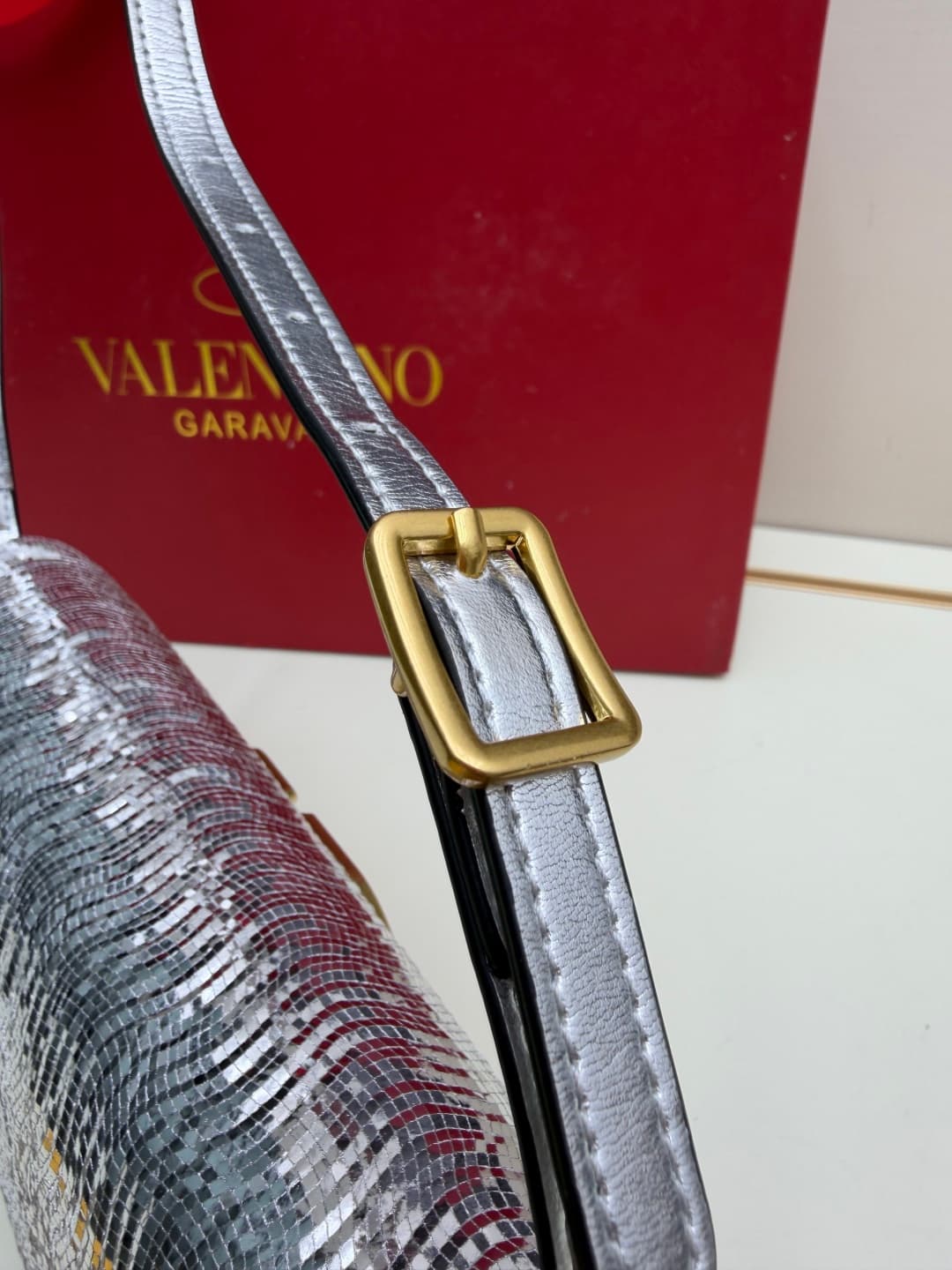 Valentino Garavani Devain Small Nappa Sequins Shoulder Bag Silver High