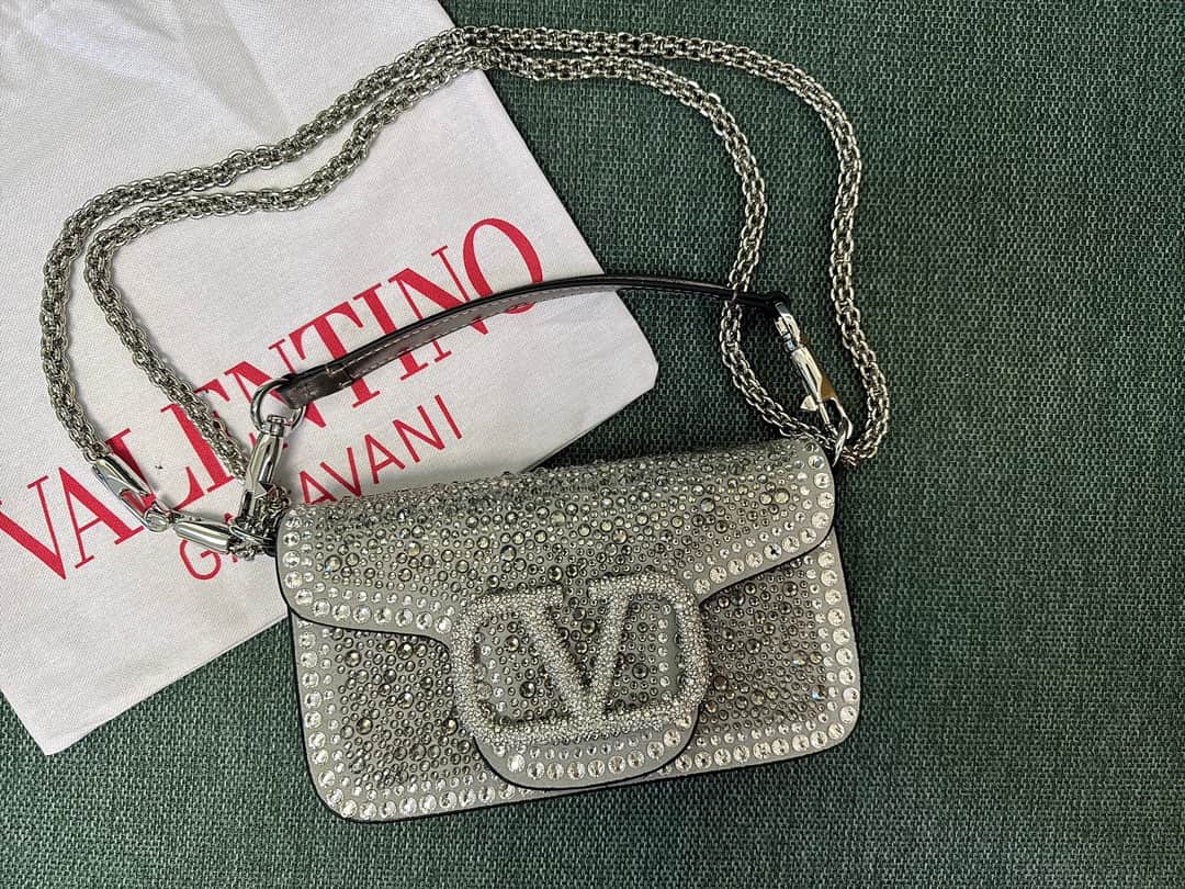 Valentino Garavani VLogo Loco Flap Embellished Leather Shoulder Bag Silver High