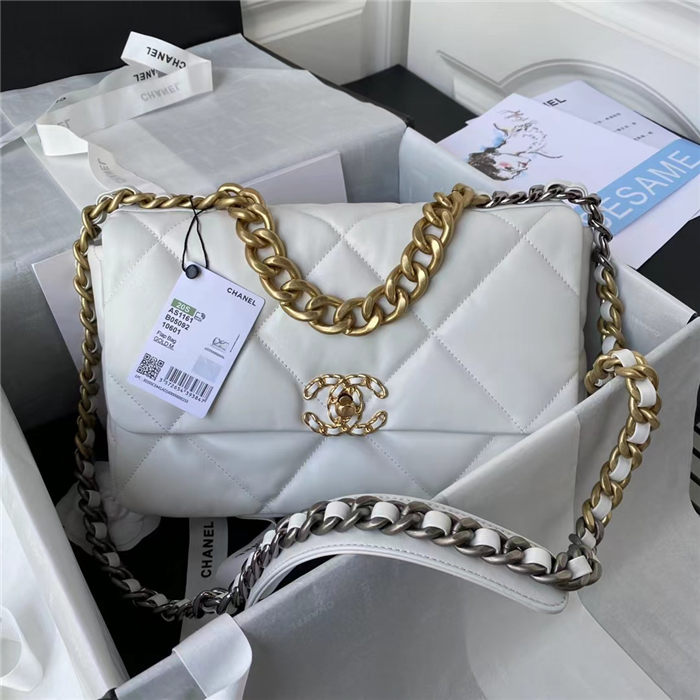 Large Chanel 19 Flap Bag Lambskin White High