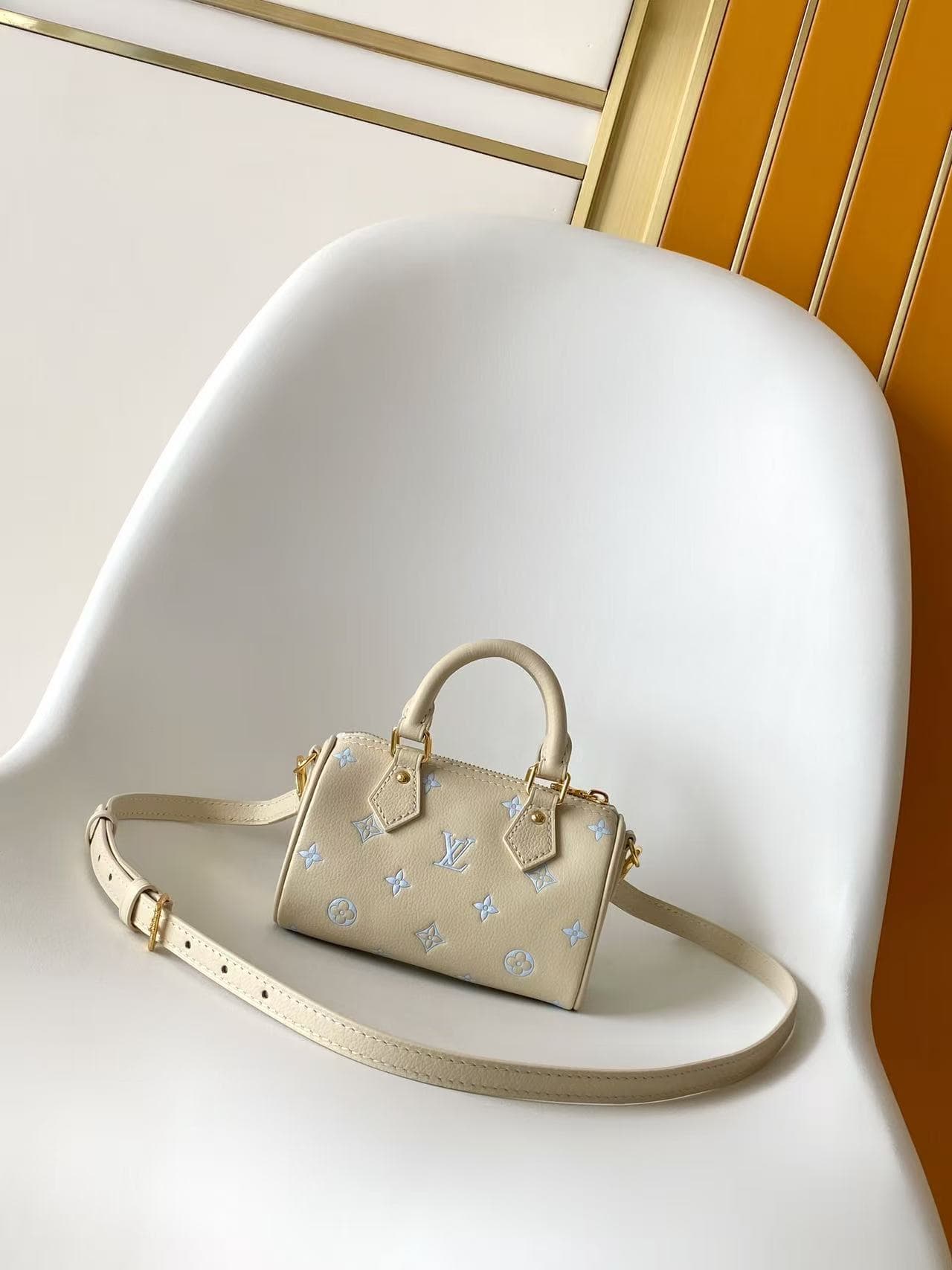 Louis Vuitton Nano Speedy Milky White/Blue Embossed grained cowhide leather M27702 High