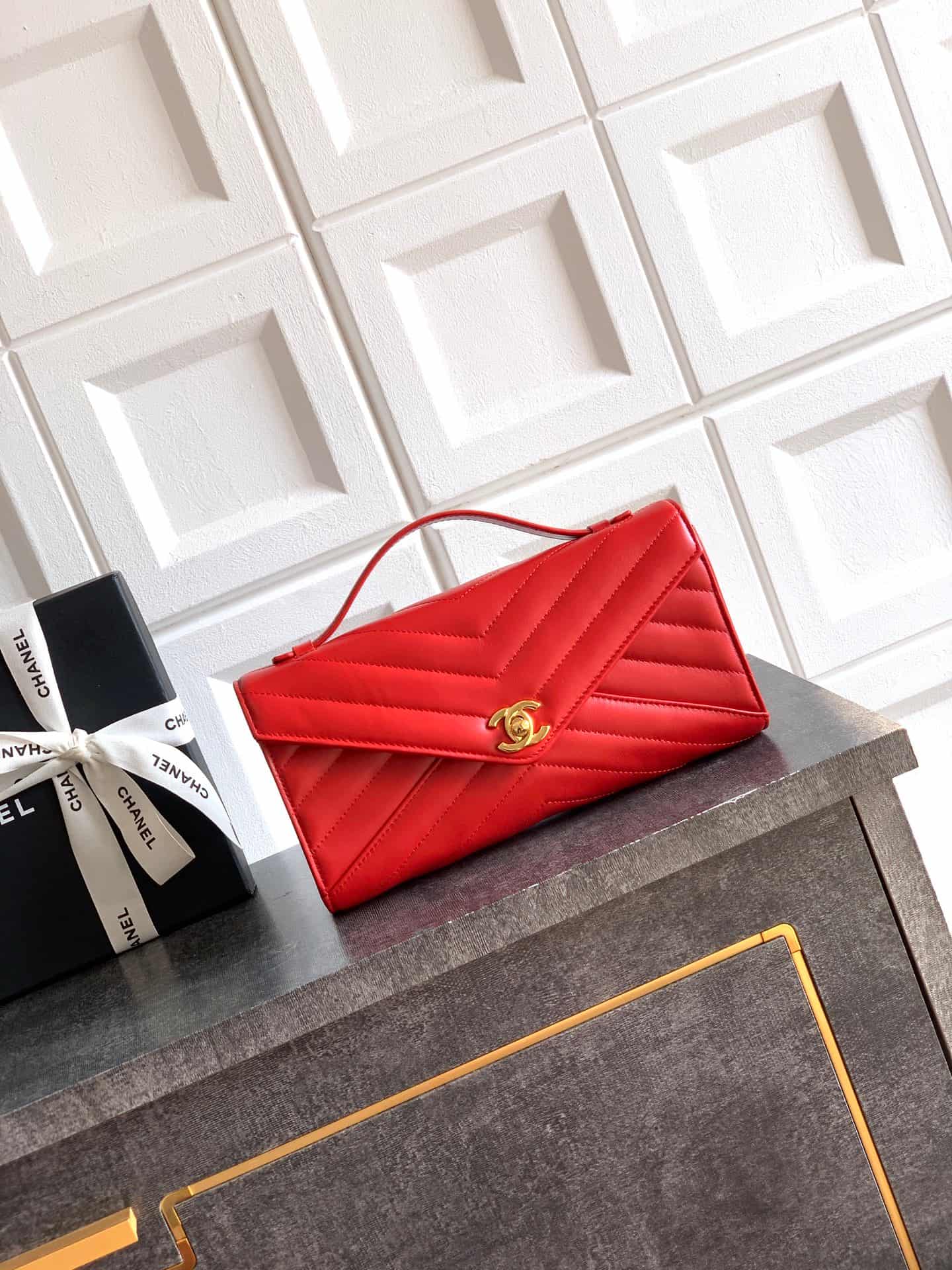 Chanel Flap Bag with Top Handle Chevron Lambskin& Gold-Tone Metal Red AS6044 A
