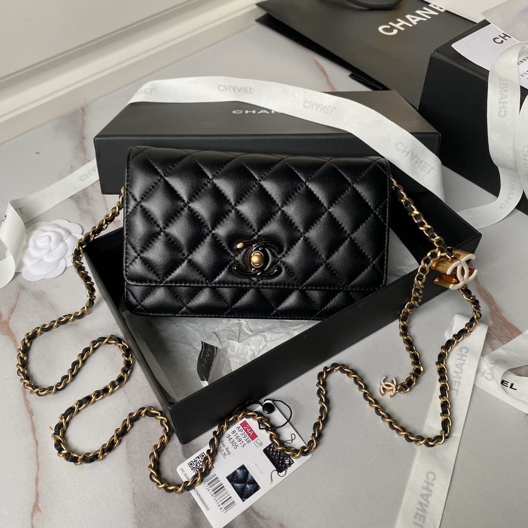 Chanel Wallet On Chain Shiny Lambskin, Enamel, Gold Tone Metal Black A