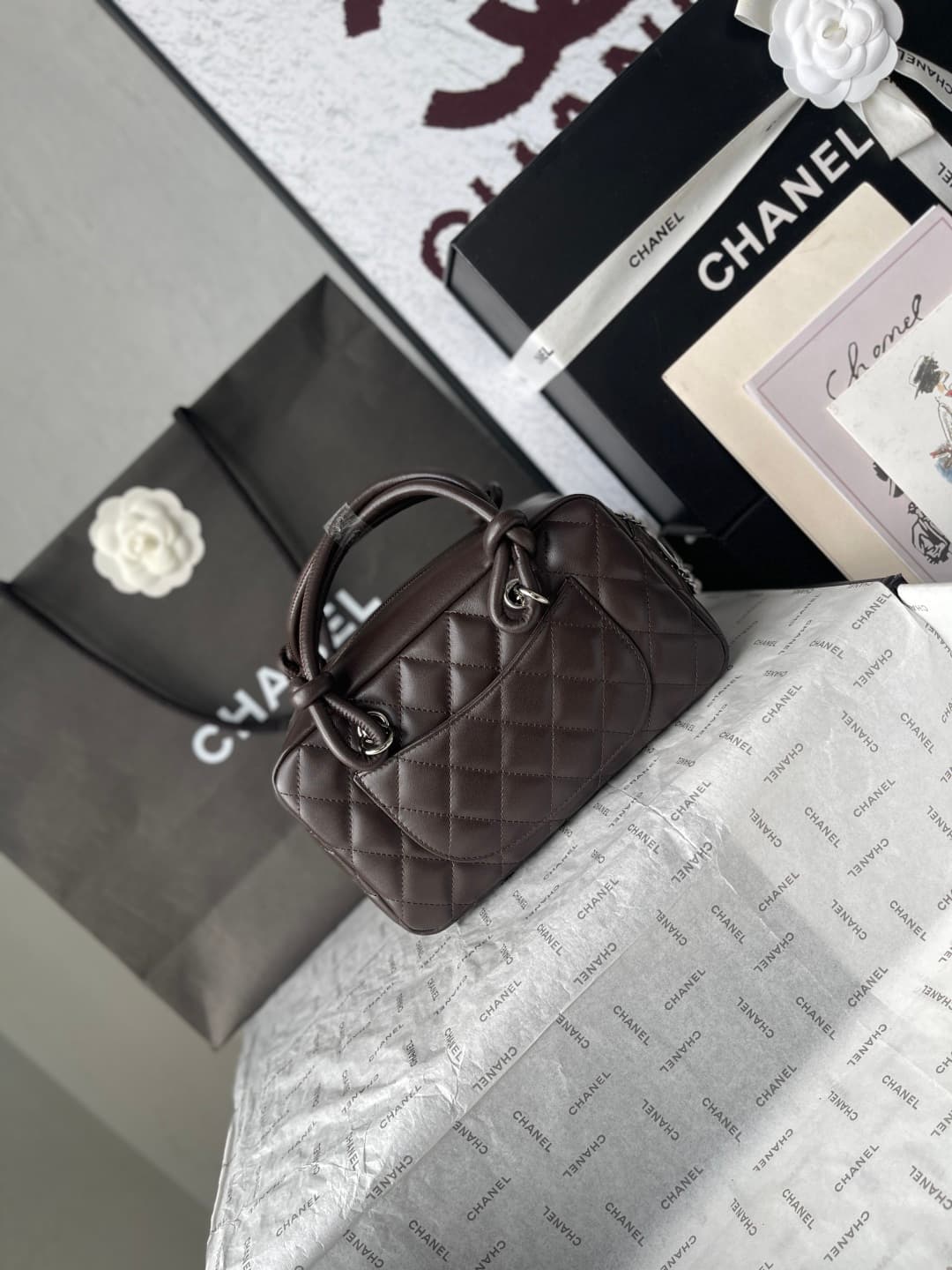Chanel Cambon Ligne Bowler bag Calfskin & Silver-Tone Metal AS25172 Dark Brown High