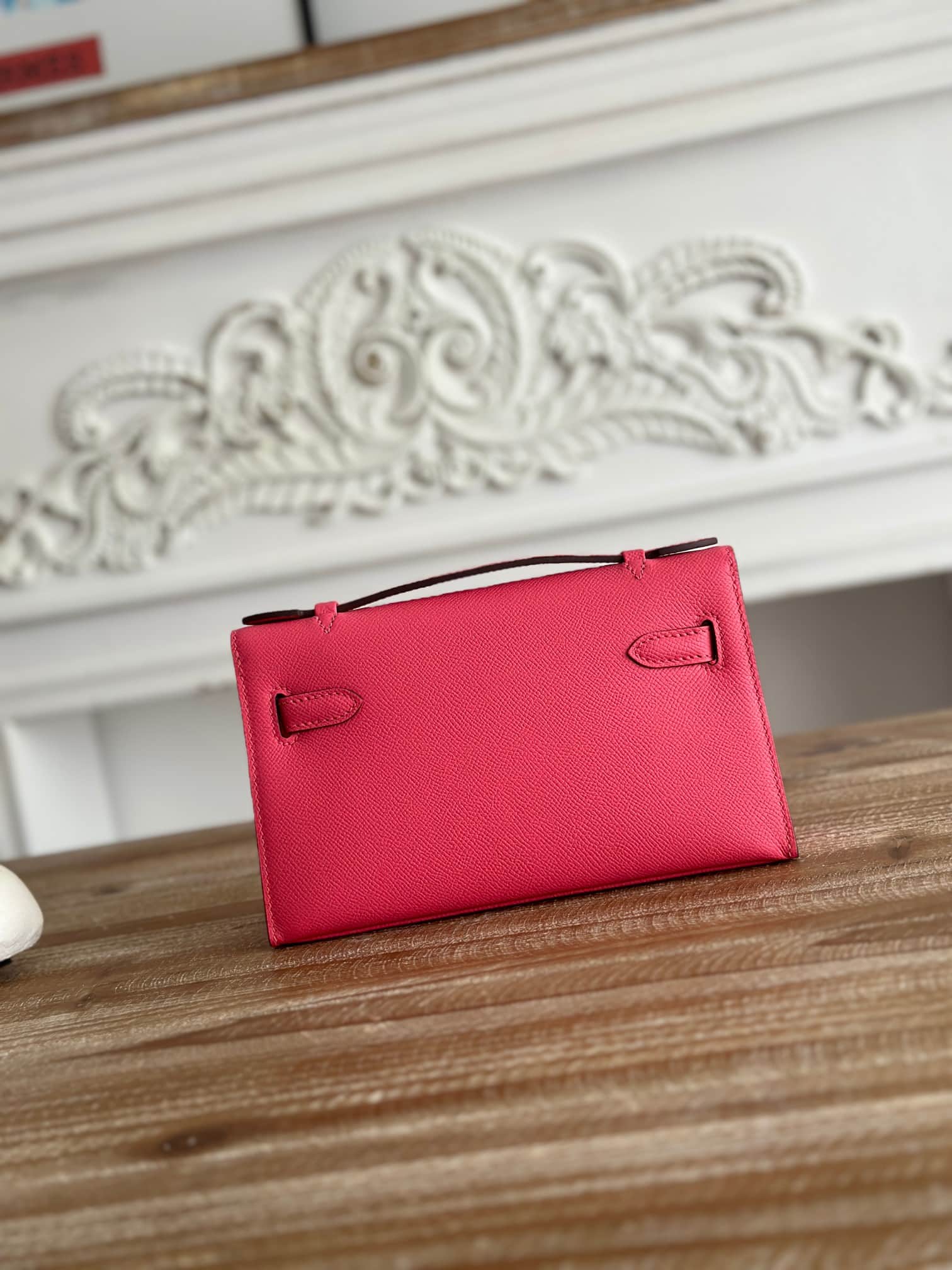 Hermes Kelly Pochette Bag Epsom Leather Silver/Gold Metal Rose eLipstick WAX High
