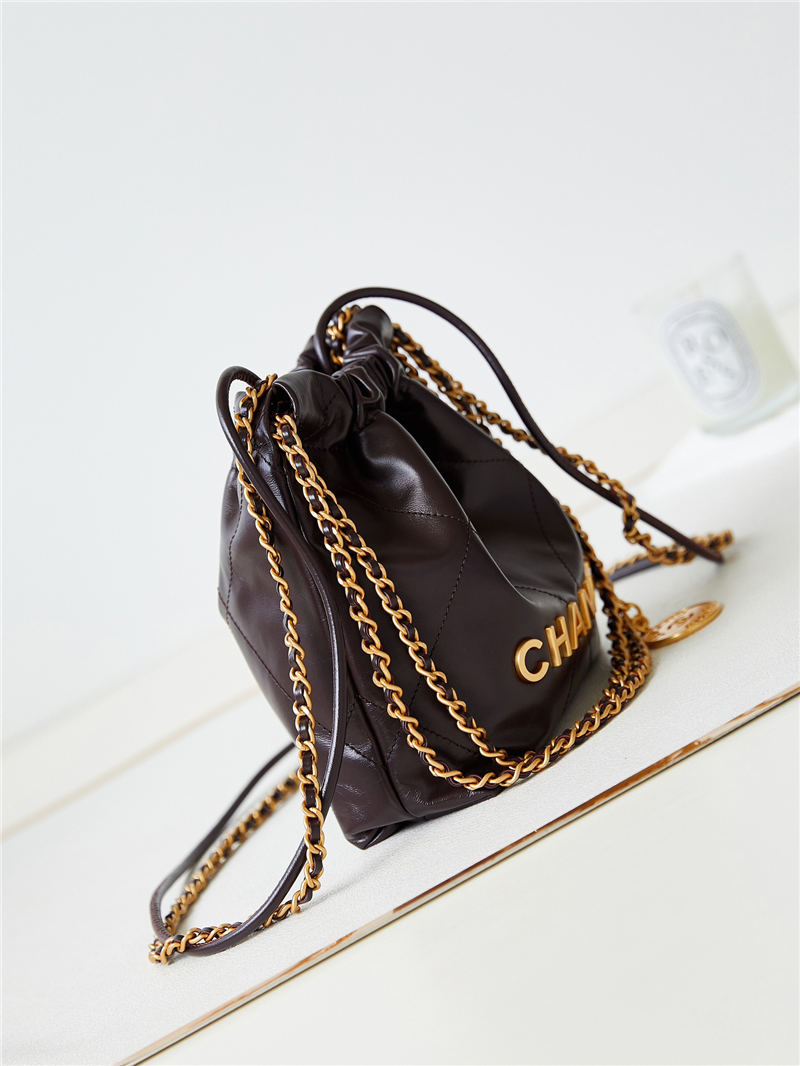 Chanel 22 MINI HANDBAG Shiny Calfskin Coffee & Gold-Tone Metal AS3980 A