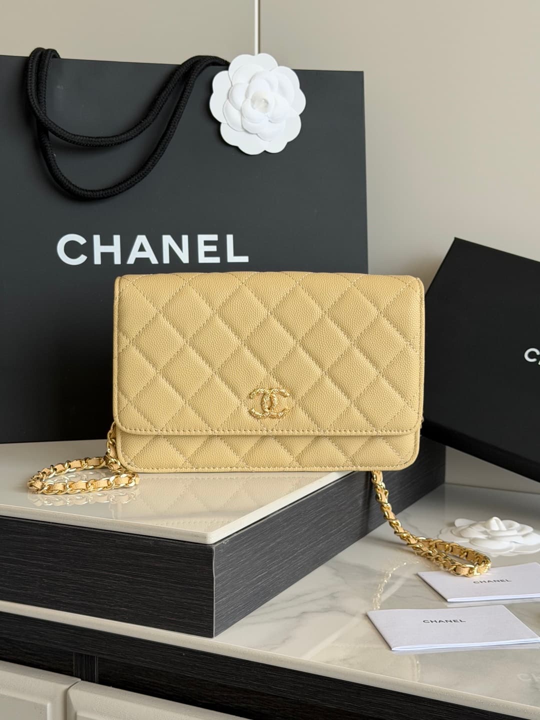 Chanel Wallet on Chain Shiny Grained Calfskin Strass & Gold-Tone Metal Yellow AP5073 High