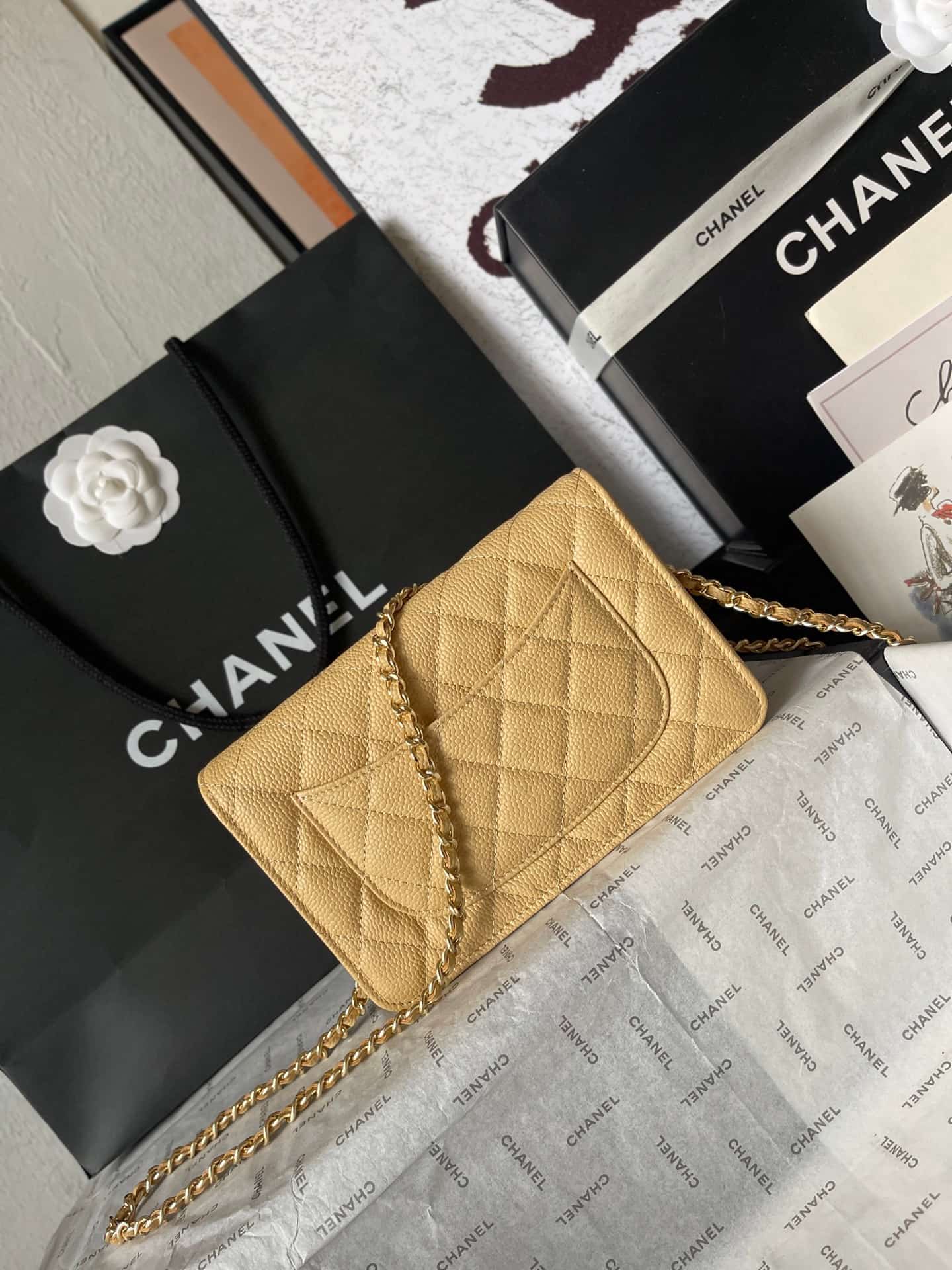 Chanel Classic Wallet on Chain Grained Shiny Calfskin & Gold-Tone Metal AP4241 Beige A