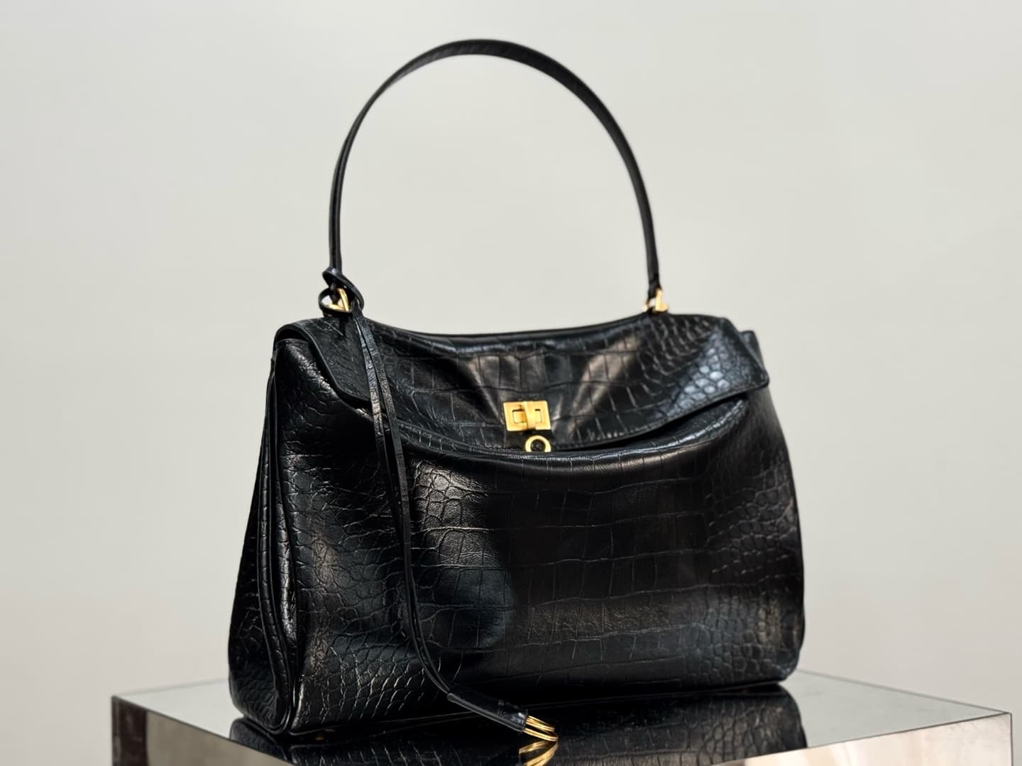 Balenciaga Rodeo Medium Bag in Black Crocodile Embossed Calfskin With Gold-Tone Metal TOP