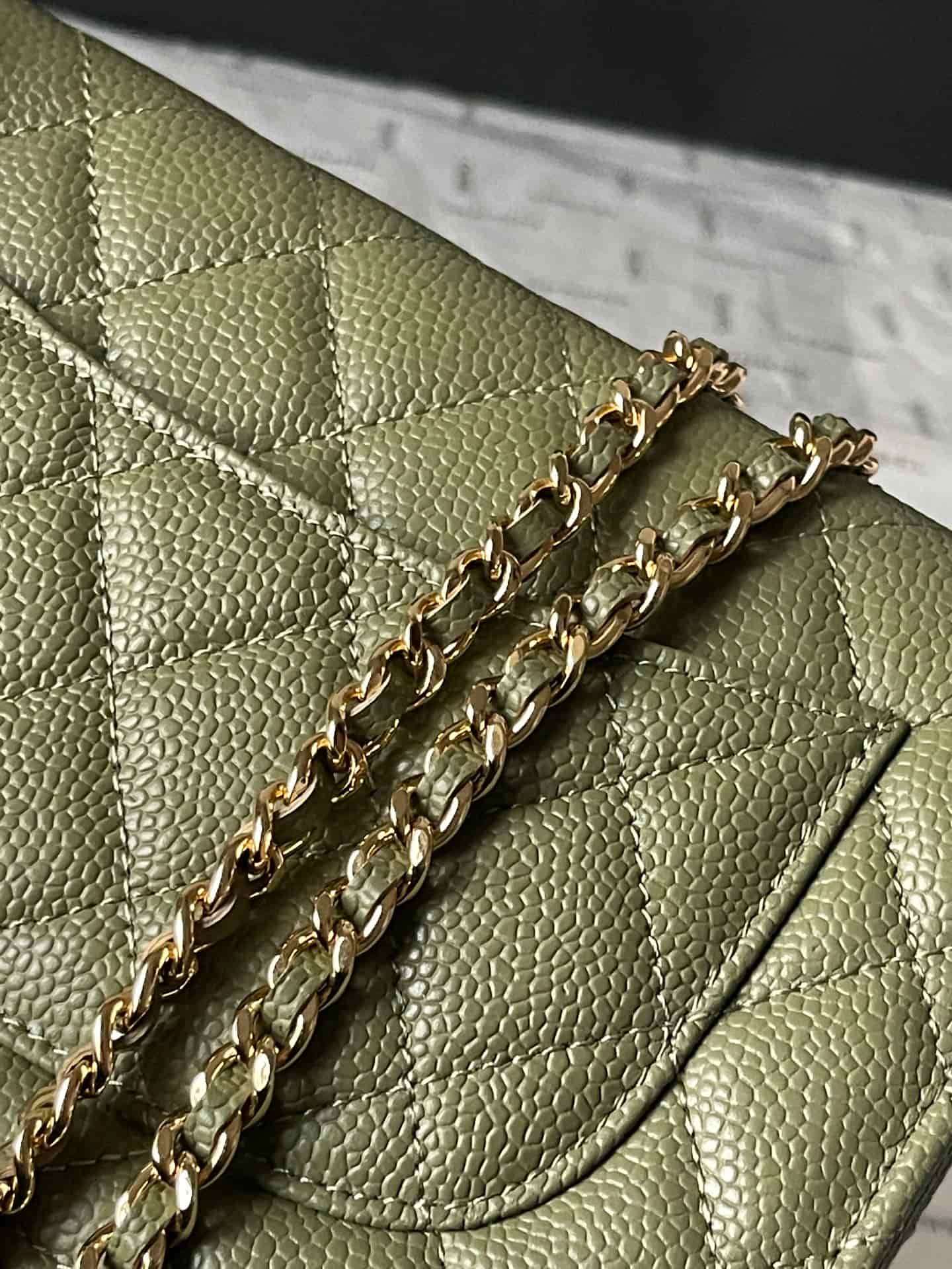 Chanel Classic Wallet on Chain Grained Shiny Calfskin & Gold-Tone Metal AP4241 Dark Green A