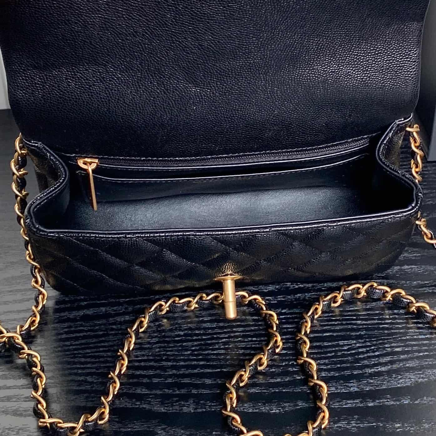 Chanel Mini Flap Bag with Top Handle Grained Shiny Calfskin & Gold-Tone Metal Black AS5701 A