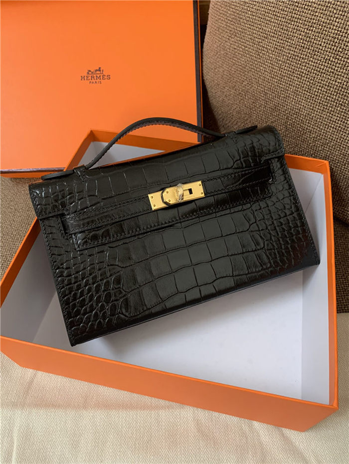 Hermes Kelly Pochette Bag Crocodile Silver/Gold Metal WAX Black High Customizing Style