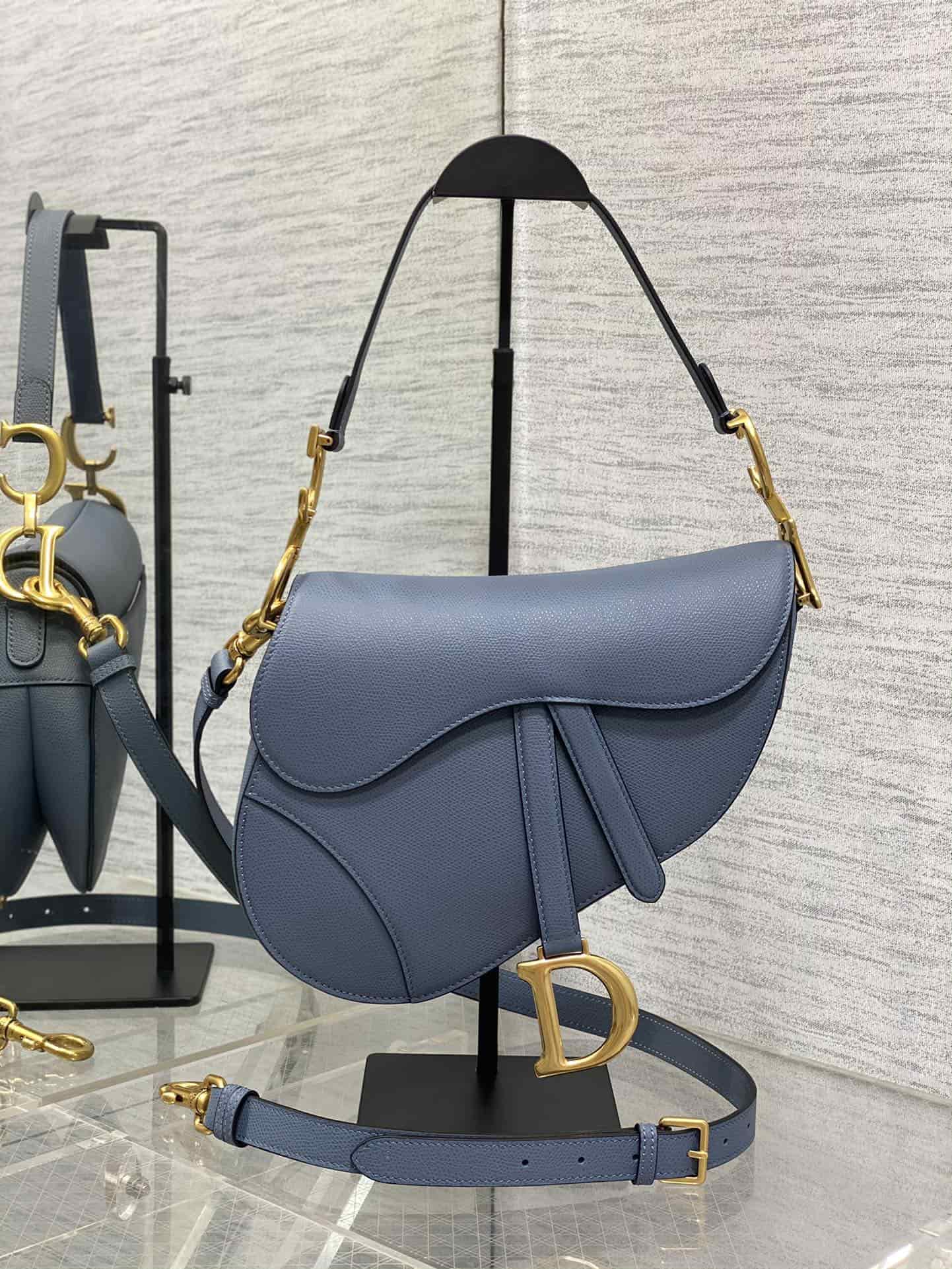 SADDLE BAG Grained Calfskin With Long Strap Dark Blue High