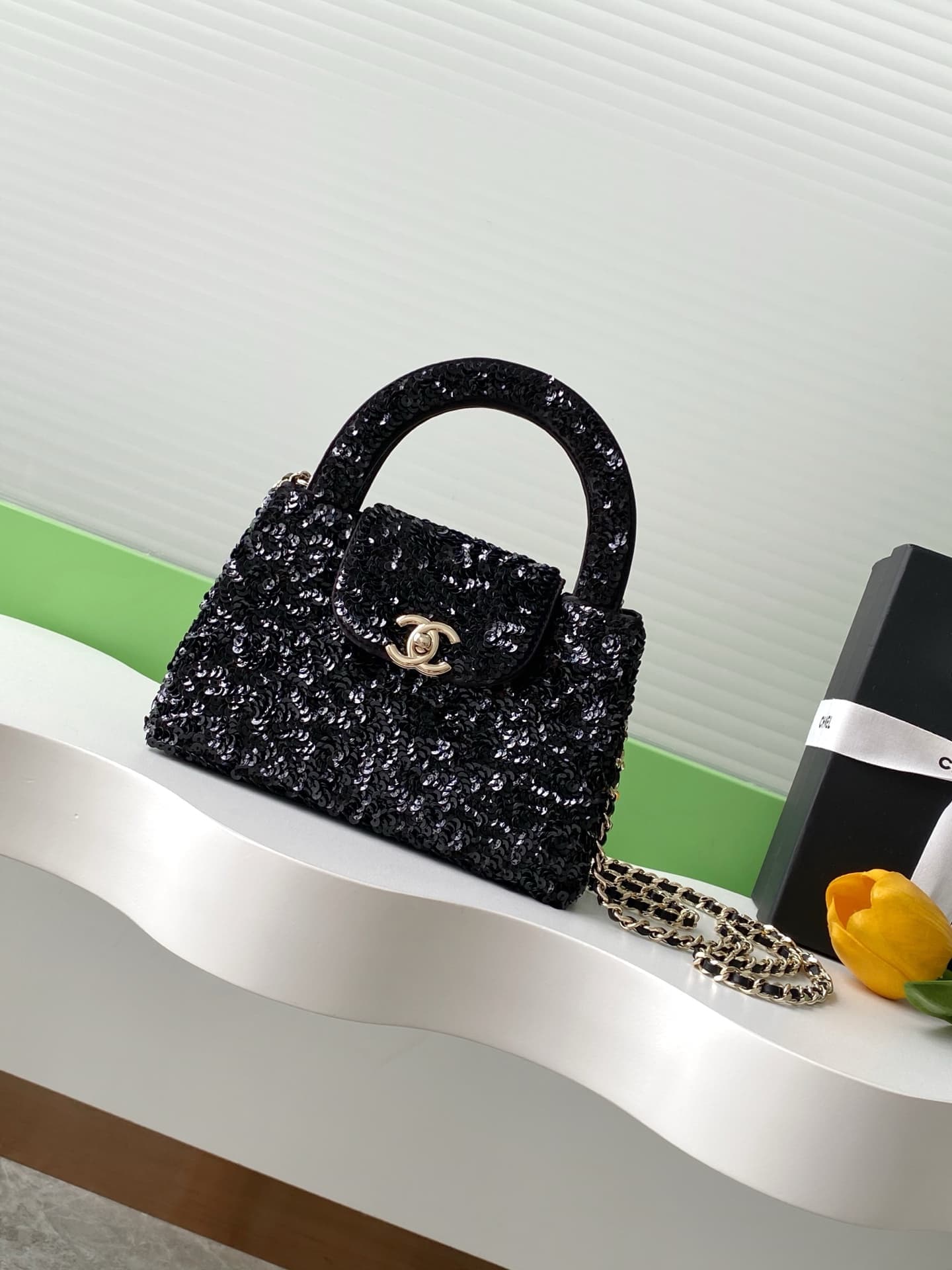 Chanel Mini Shopping Bag Sequins & Gold-Tone Metal AS4416 Black A
