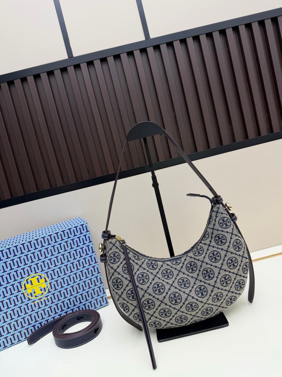 Tory Burch T Monogram Romy Half Moon Bag in navy blue jacquard Canvas High