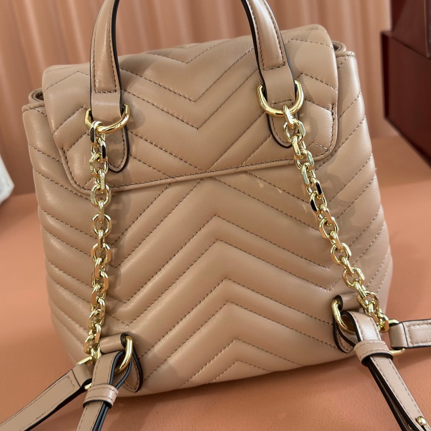 Gucci GG Marmont Mini Backpack Beige Matelassé Chevron Nappa Leather 855921 High