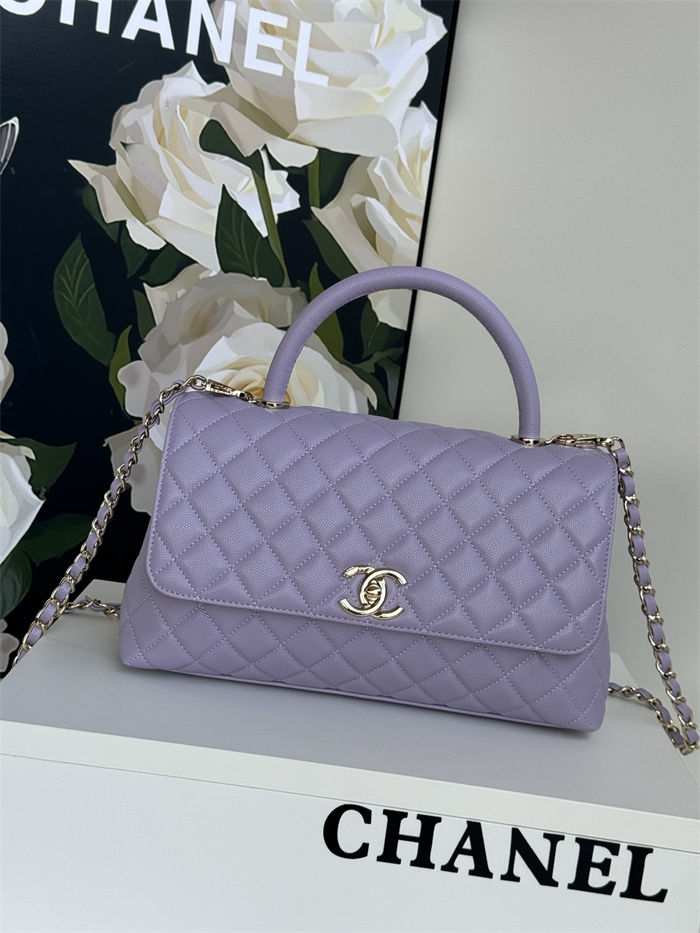 Medium FLAP BAG WITH TOP HANDLE Grained Calfskin Purple-binding Gold Metal High