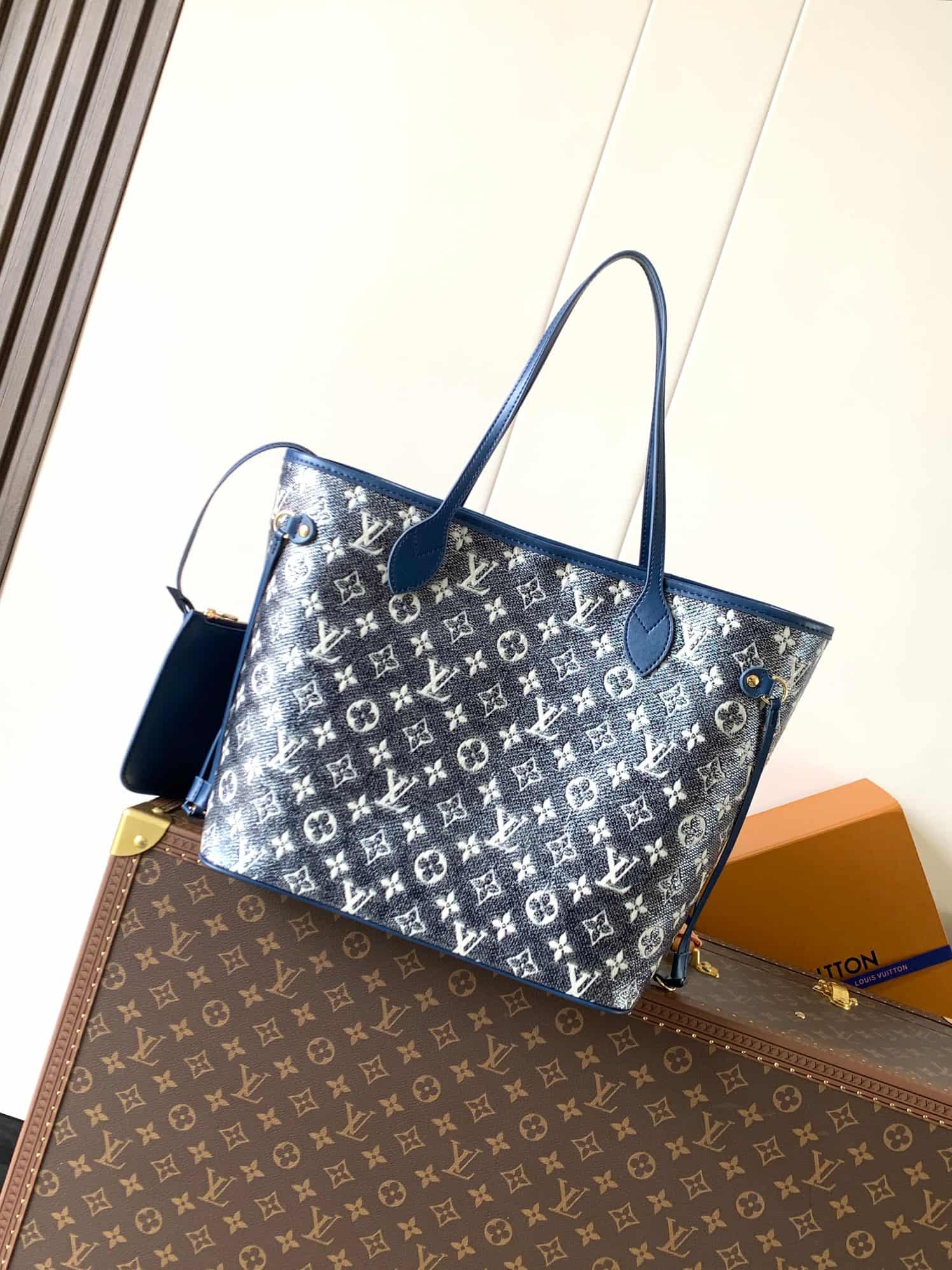 Louis Vuitton Neverfull MM Monoglam Tote Bag Metallic Blue Monogram M22921 High