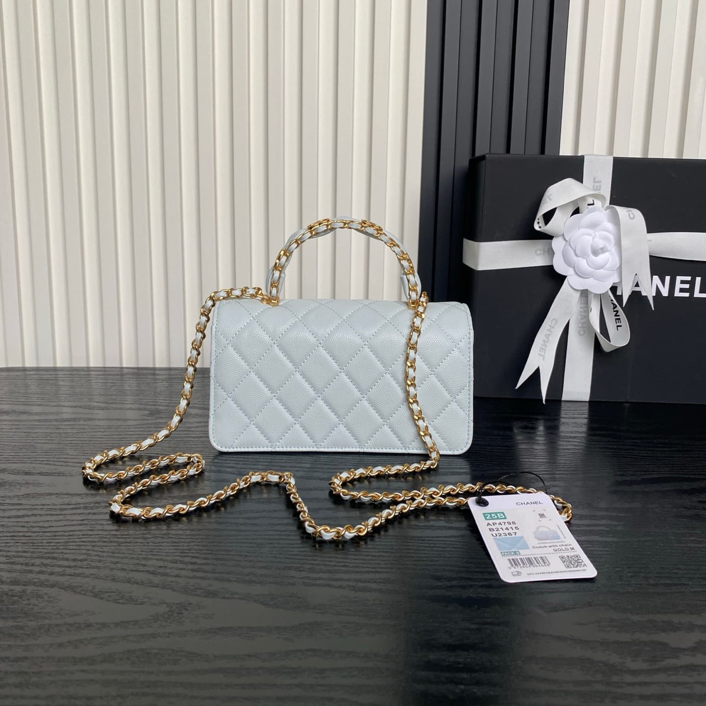 Chanel Mini Flap Bag with Top Handle Grained Shiny Calfskin & Gold-Tone Metal Blue AP4798 A
