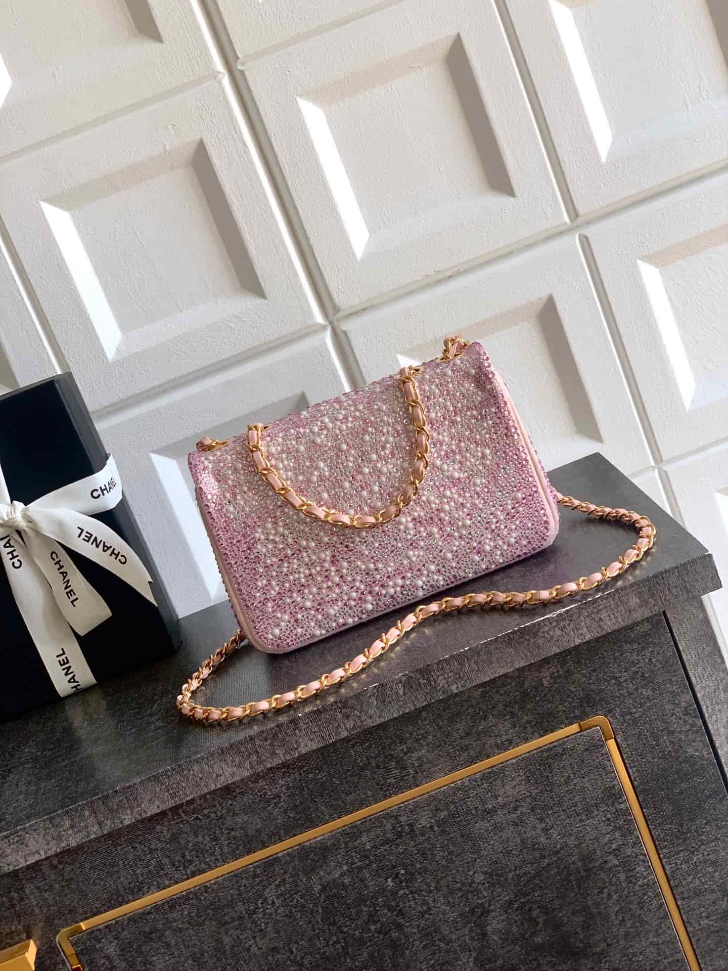 Chanel Classic Mini Flap Bag Strass Imitation Pearls & Gold-Tone Metal  Pink 6171 A