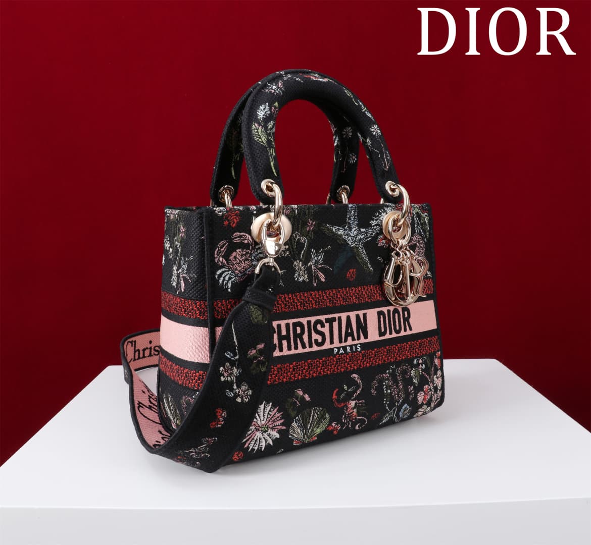 Medium Lady D-Lite Bag Black Embroidery with Multicolor Dior Cabinet de Curiosités Motif High