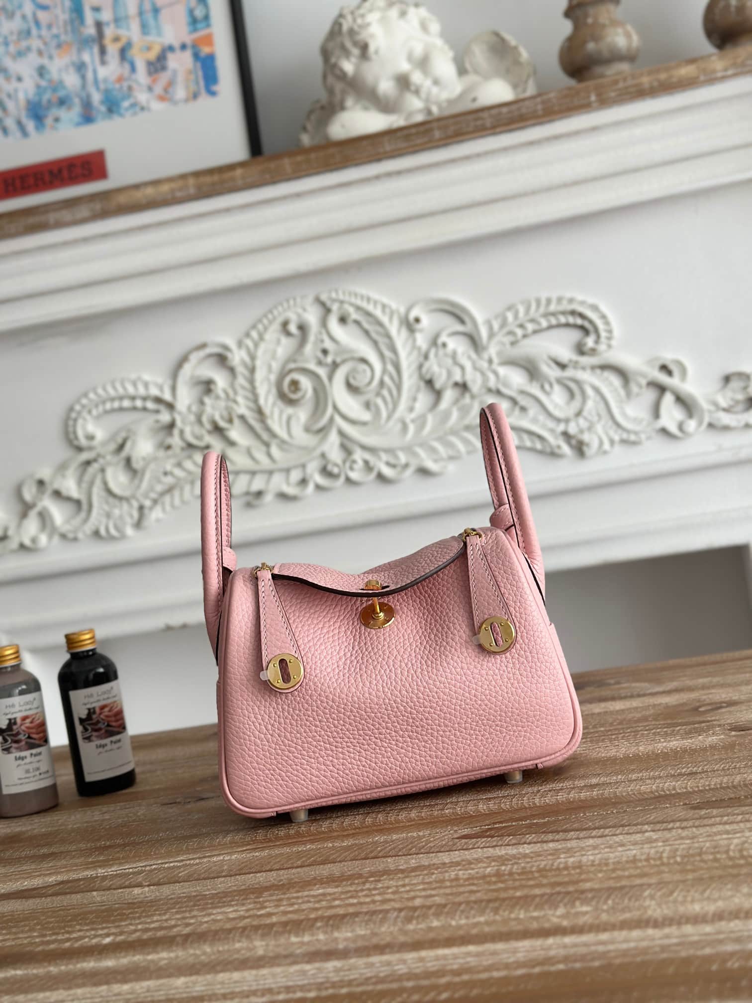 Hermes Lindy Mini Bag Clemence Leather In Rose Sakura WAX High