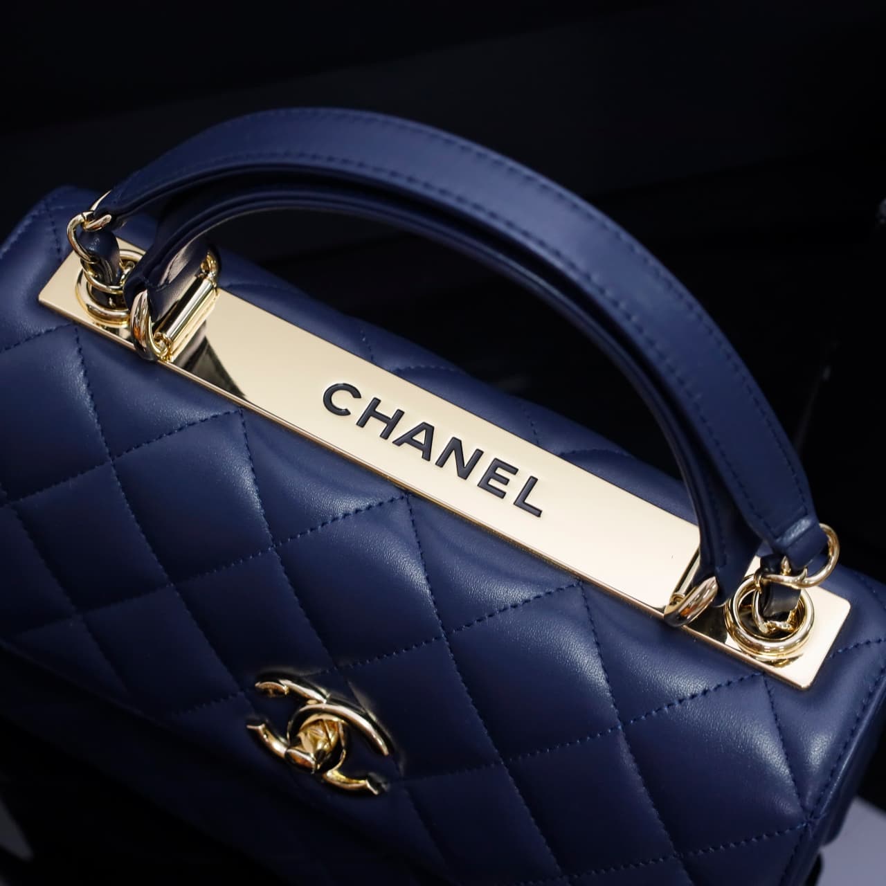 SMALL FLAP BAG WITH TOP HANDLE Lambskin Gold Metal Dark Blue A
