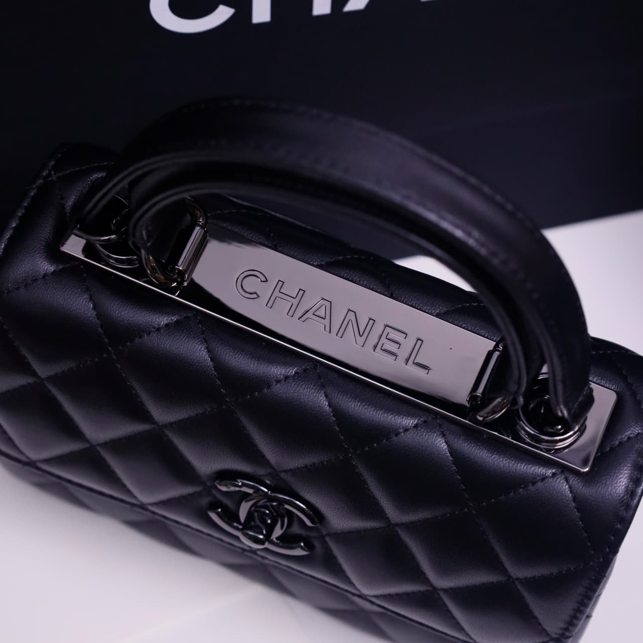 Chanel MINI FLAP BAG WITH TOP HANDLE AS4654 Lambskin &Black-Tone Metal Black A