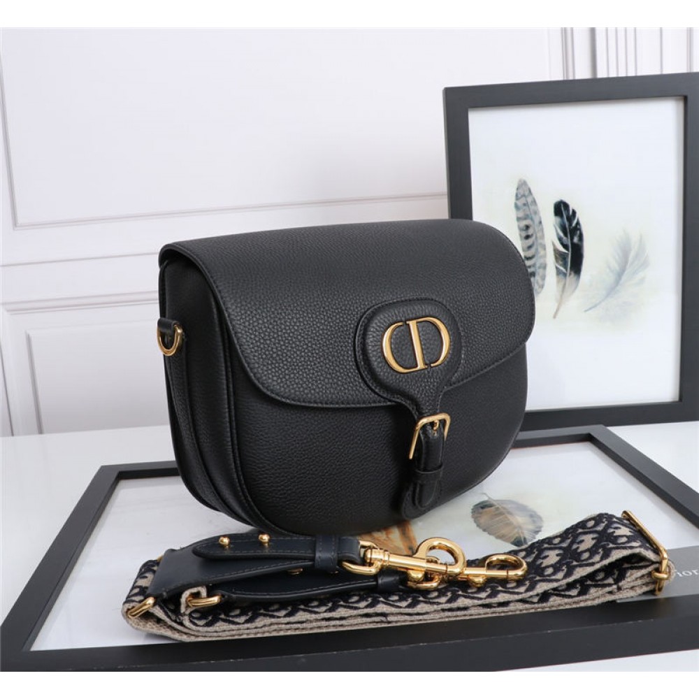 LARGE Dior BOBBY BAG Grained Calfskin with Blue Dior Oblique Embroidered Strap Black High