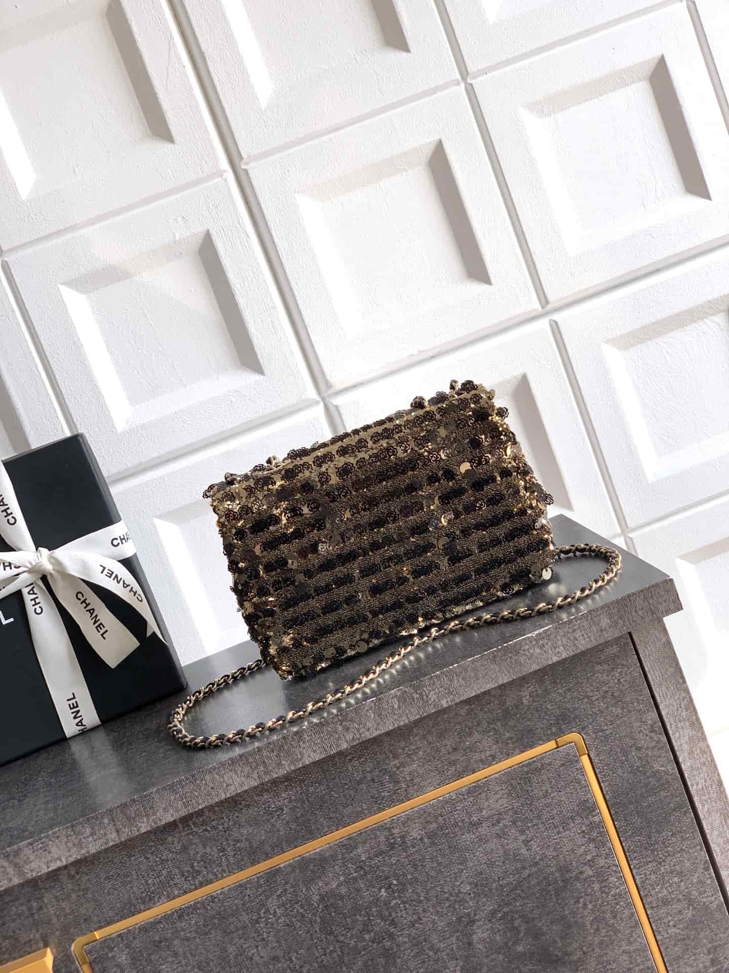 Chanel Classic Mini Flap Bag Sequin Embroidery & Gold-Tone Metal Dark Gold 6171 A