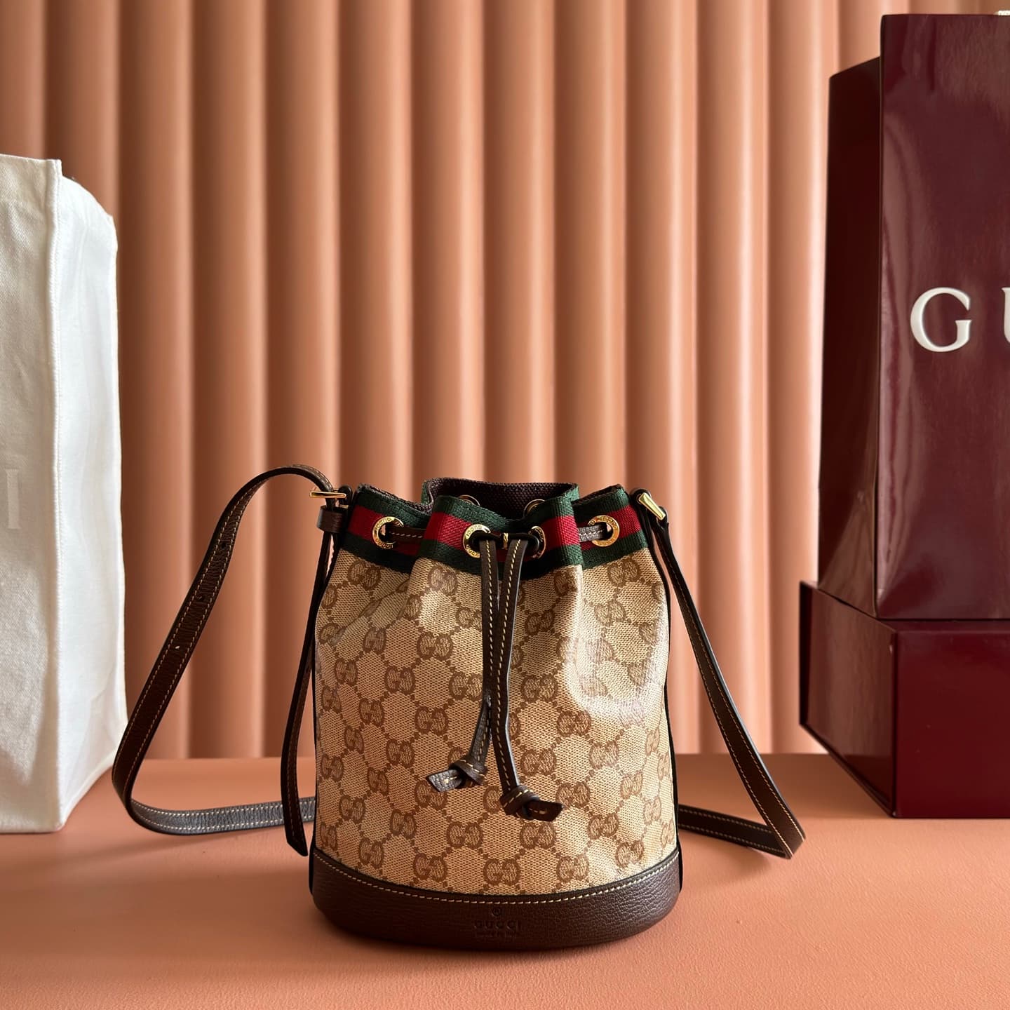 Gucci Venice small bucket bag Sand and dark brown GG coated canvas ‎A002GW High