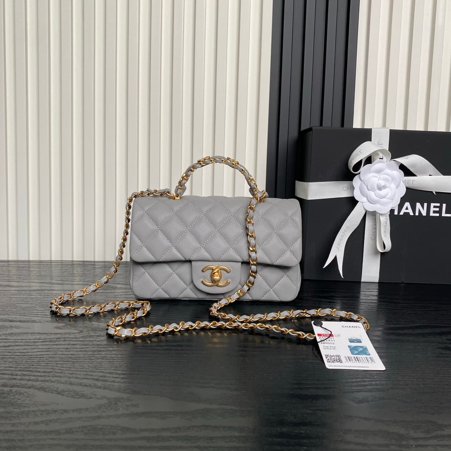 Chanel Mini Flap Bag with Top Handle Grained Shiny Calfskin & Gold-Tone Metal Grey AS5701 A