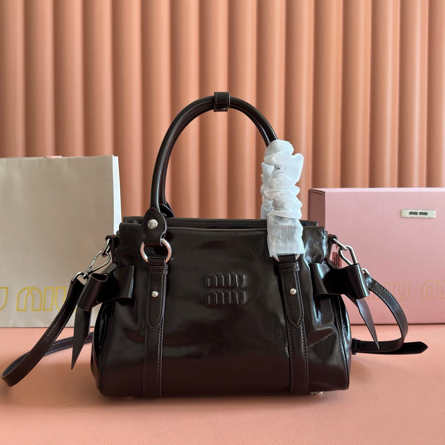 Miu Miu Shiny leather top-handle bag Briarwood Calfskin 5BA327 TOP