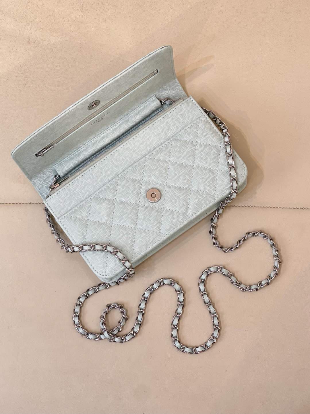 Chanel Wallet on Chain Grained Calfskin& Sliver-tone Metal AP0250 Light Blue TOP