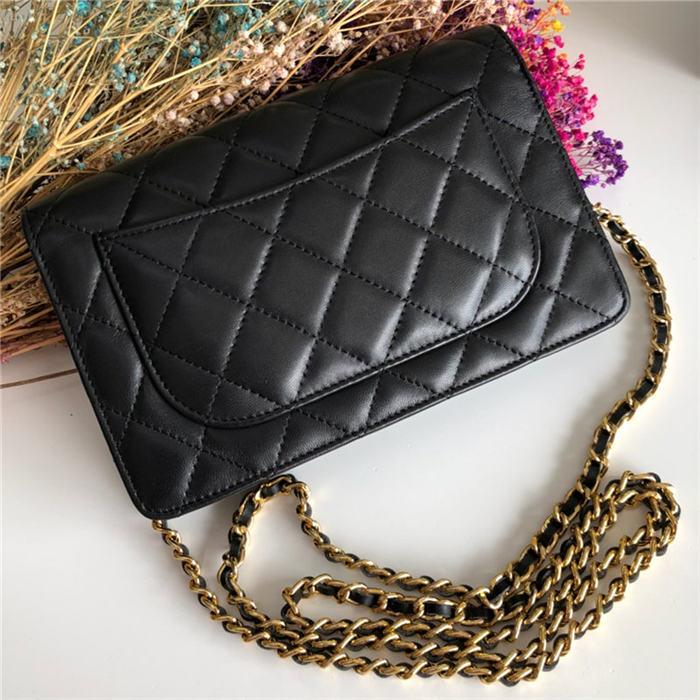 Classic Wallet on Chain A33814 Lambskin Black Silver Metal B