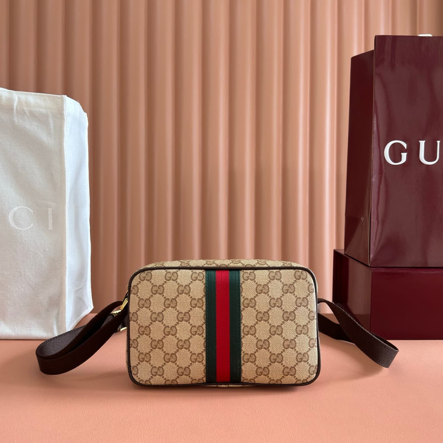 Gucci GG mini bag with Web Sand and dark brown GG coated canvas 876391 High