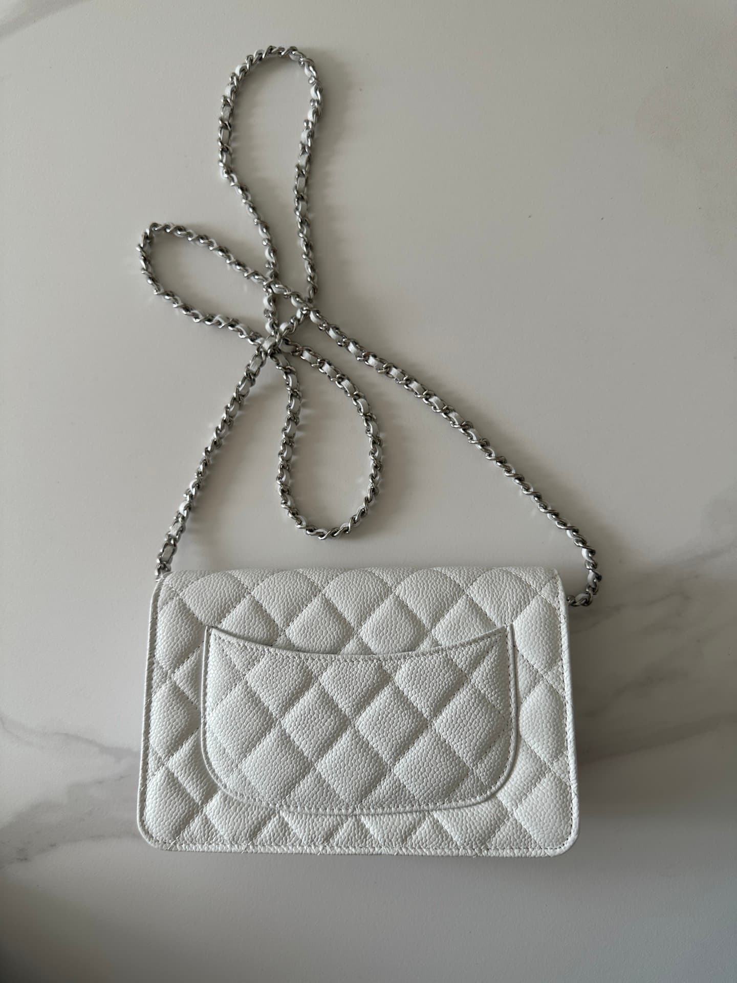 Chanel Classic Wallet on Chain Grained Shiny Calfskin & Silver-Tone Metal AP4241 White High