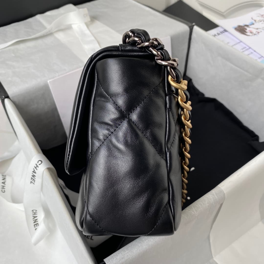 Chanel 19 Flap Bag  Lambskin Gold-Tone Silver-Tone & Ruthenium-Finish Metal Black