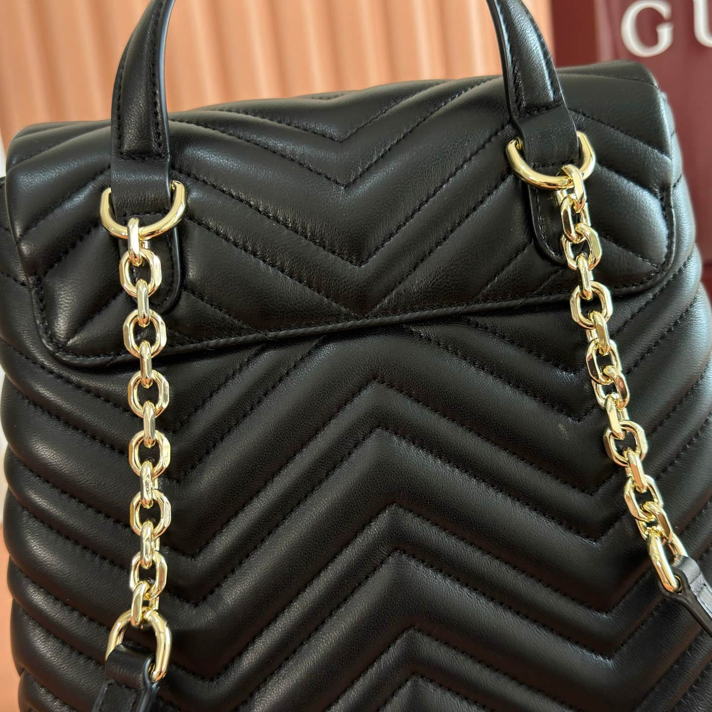 Gucci GG Marmont Small Backpack Black Matelassé Chevron Nappa Leather 861878  High